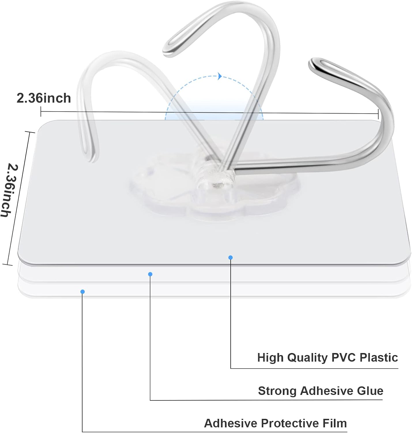 20 Packs Self Adhesive Wall Hooks Heavy Duty 22Lb(Max), Waterproof Transparent Wall Hooks for Hanging Sticky Hooks Wall Hangers for Door Bathroom Shower Kitchen Outdoor Utility Hooks Hanger image number 6