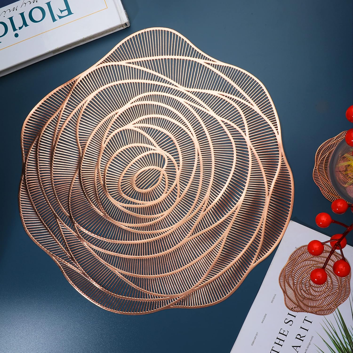 Snowkingdom Rose Gold Placemats and Coasters Set of 6 Pressed Metallic Vinyl round Place Mats Dining Table Mats Dinning Table Centerpiece image number 1
