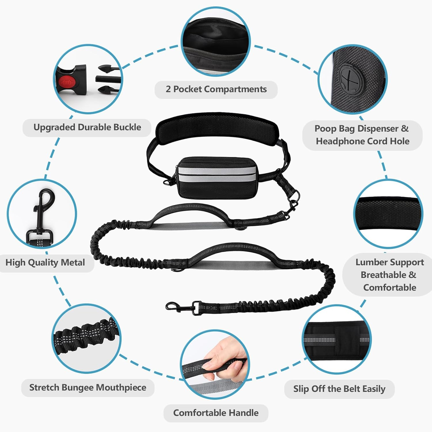 Enbluy Hands Free Dog Leash with Adjustable Waist Belt, Retractable Design, Reflective Stitching, Bungee Cord, Dual Handles, Zipper Pouch, Suitable for Running, Walking, Hiking (Double Dog Leash) image number 4