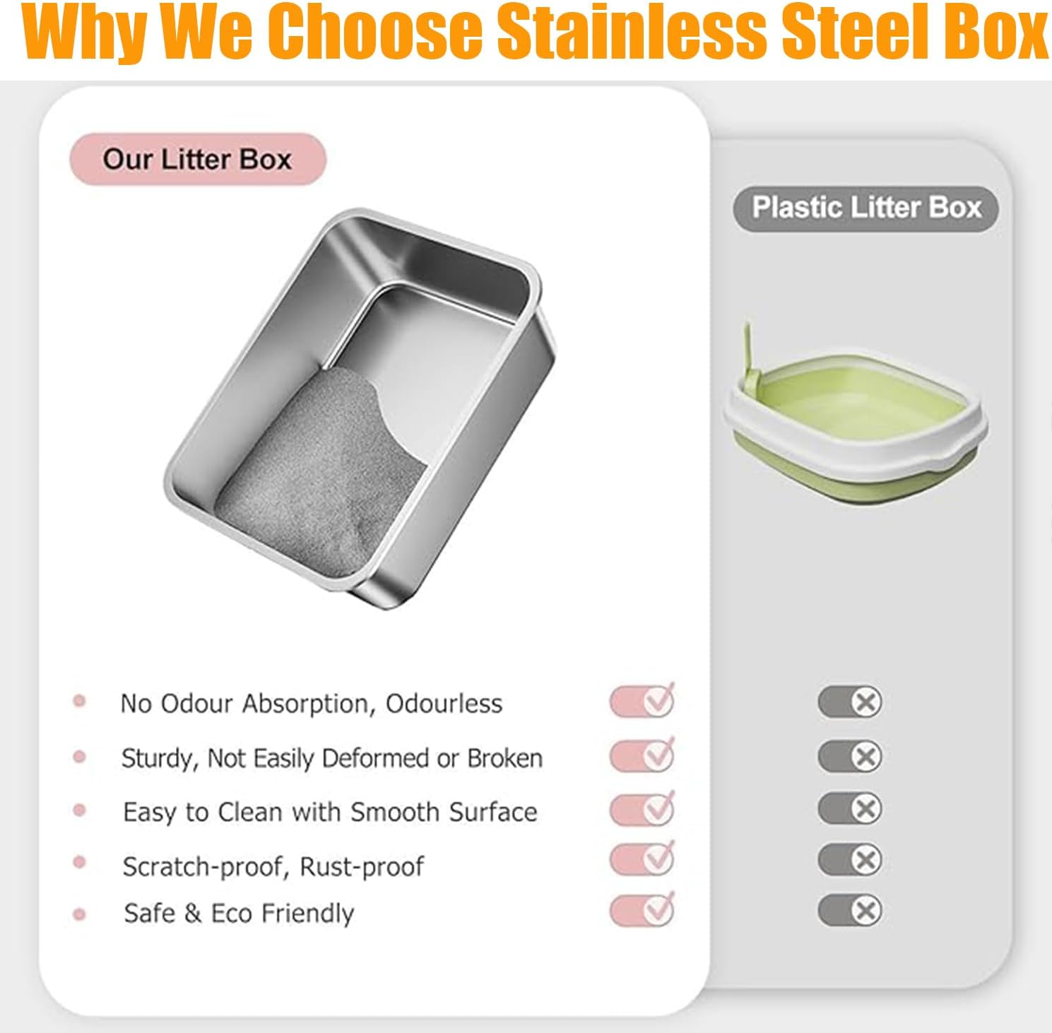 Stainless Steel Cat Litter Box High Side Cats Metal Litter Pan for Cats & Rabbits, Splash - Proof, Non - Stick, Odorless (45X35X15CM) image number 2