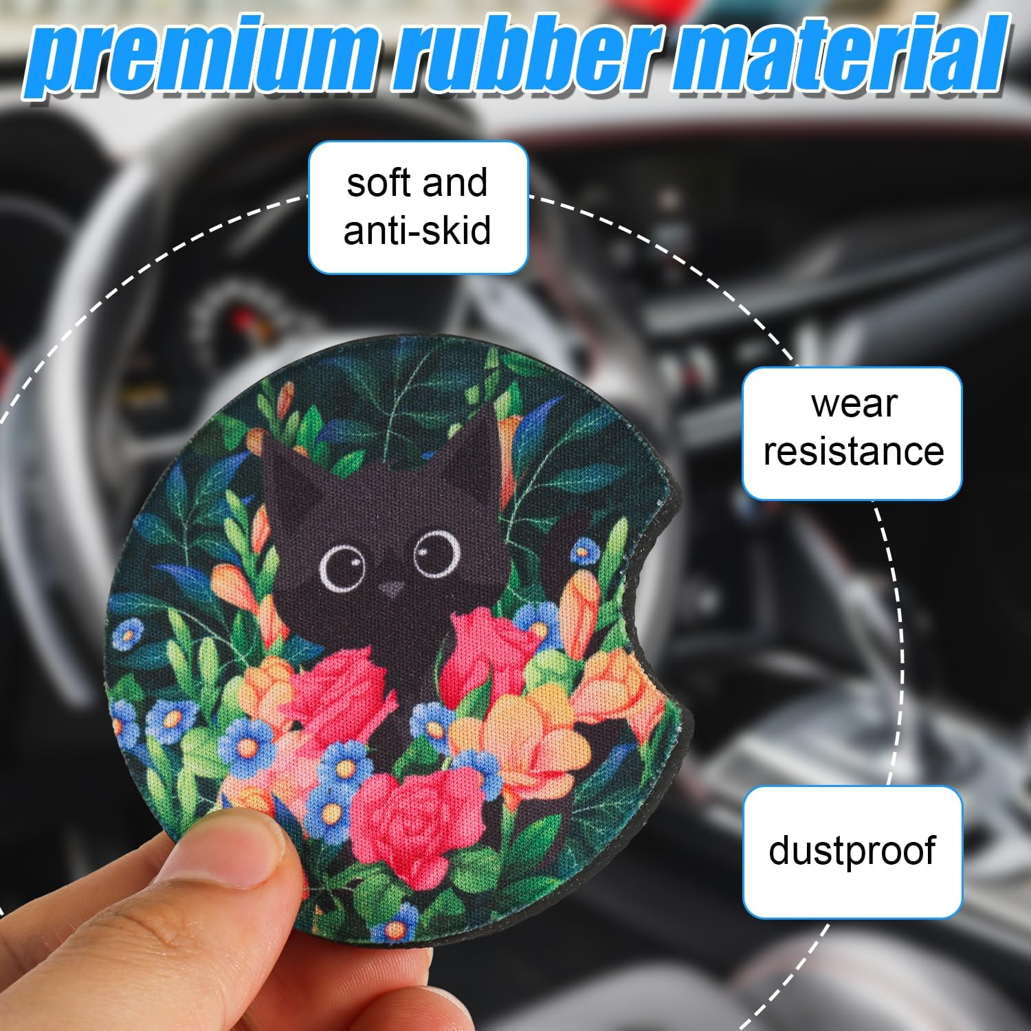 4Pcs Car Coasters for Cup Holders, Cup Mats for Car Cupholder Insert Coasters with Finger Notches Rubber Anti-Skid Universal Vehicle Coasters Car Accessories for Car Automotive Cupholders Decor（Cat） image number 2
