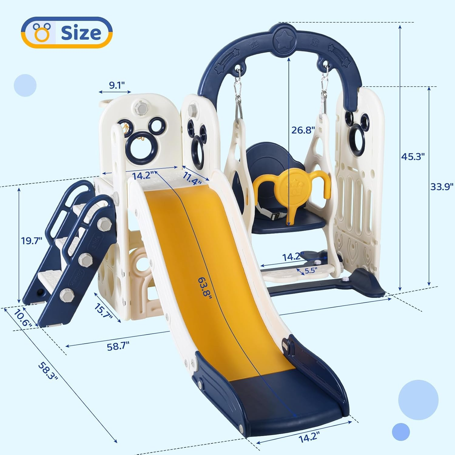 Swing Slide for Kids, 6 in 1 Slide Climber for Toddler, with Ball & Hoop, Storage Space, Suction Cup Reinforced Base, Indoor Outdoor Playground, for Boys Girls Birthday (Dark Blue) image number 5