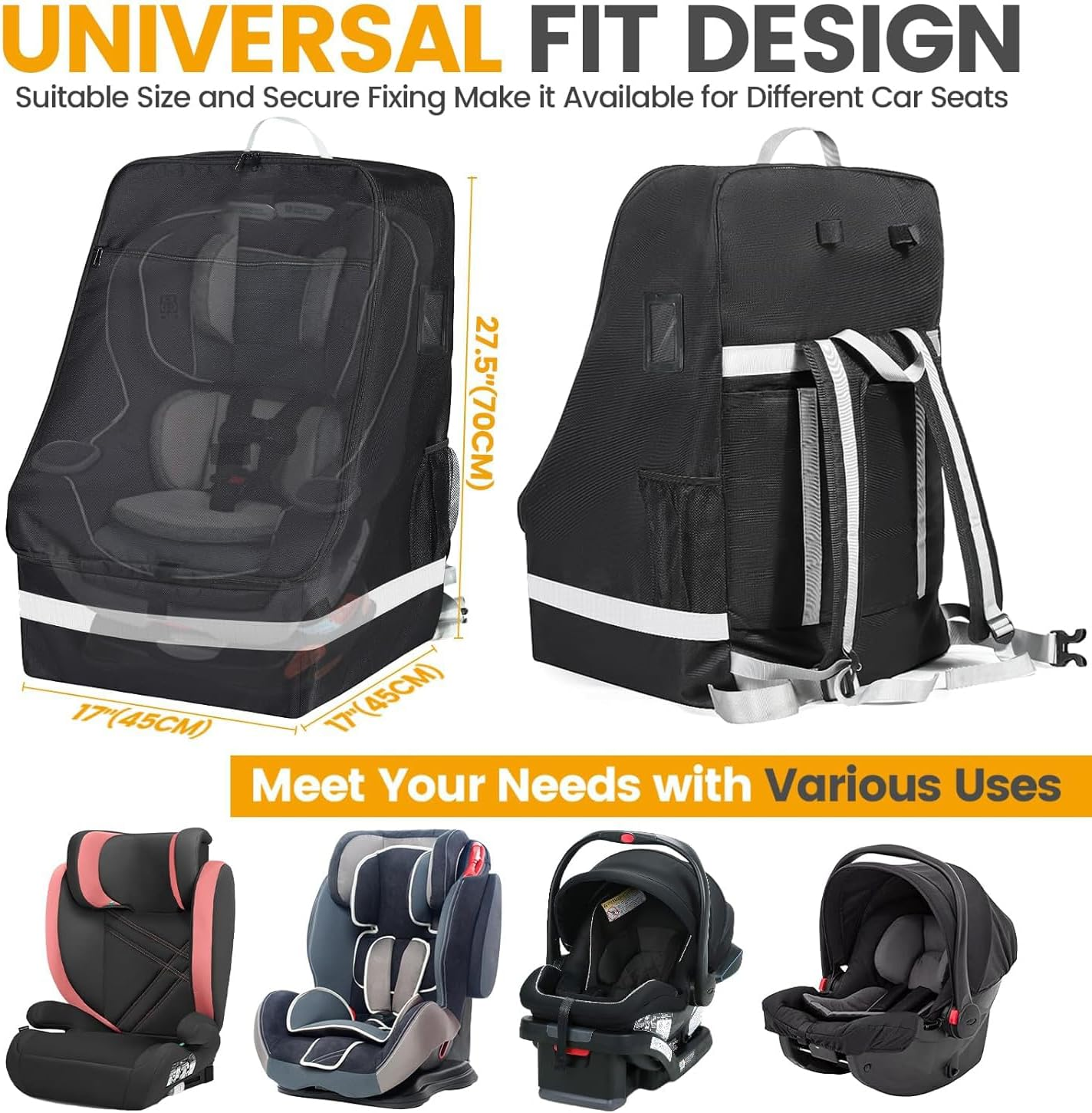 Padded Car Seat Bags for Air Travel - Carseat Travel Bag for Airplane - Gate Check Car Seats Carrier Cart Cover for Airport with Shoulder Straps image number 1