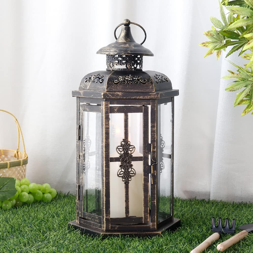 JHY DESIGN Medium Decorative Lanterns 12&ldquo;H Outdoor Candle Lanterns Vintage Metal Candle Holder for Indoor Outdoor, Events, Parities and Weddings(Black with Gold Brush) image number 3