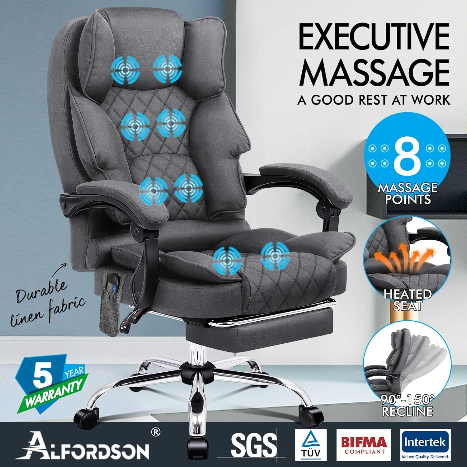 ALFORDSON Ergonomic Office Chair Recline with 8-Point Massage and Heated Seat, Gaming Executive Computer Racer Chair Adjustable Height, Fabric Home Office Chair with High Back Footrest(Fabric Grey) - Fabric Grey image number 2
