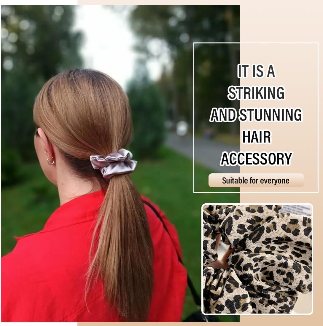 Pack of 2 Scrunchies, Hair Bands, Black and Leopard, Hair Bands for Girls and Women, Silk Scrunchie, Silk Hair Scrunchie