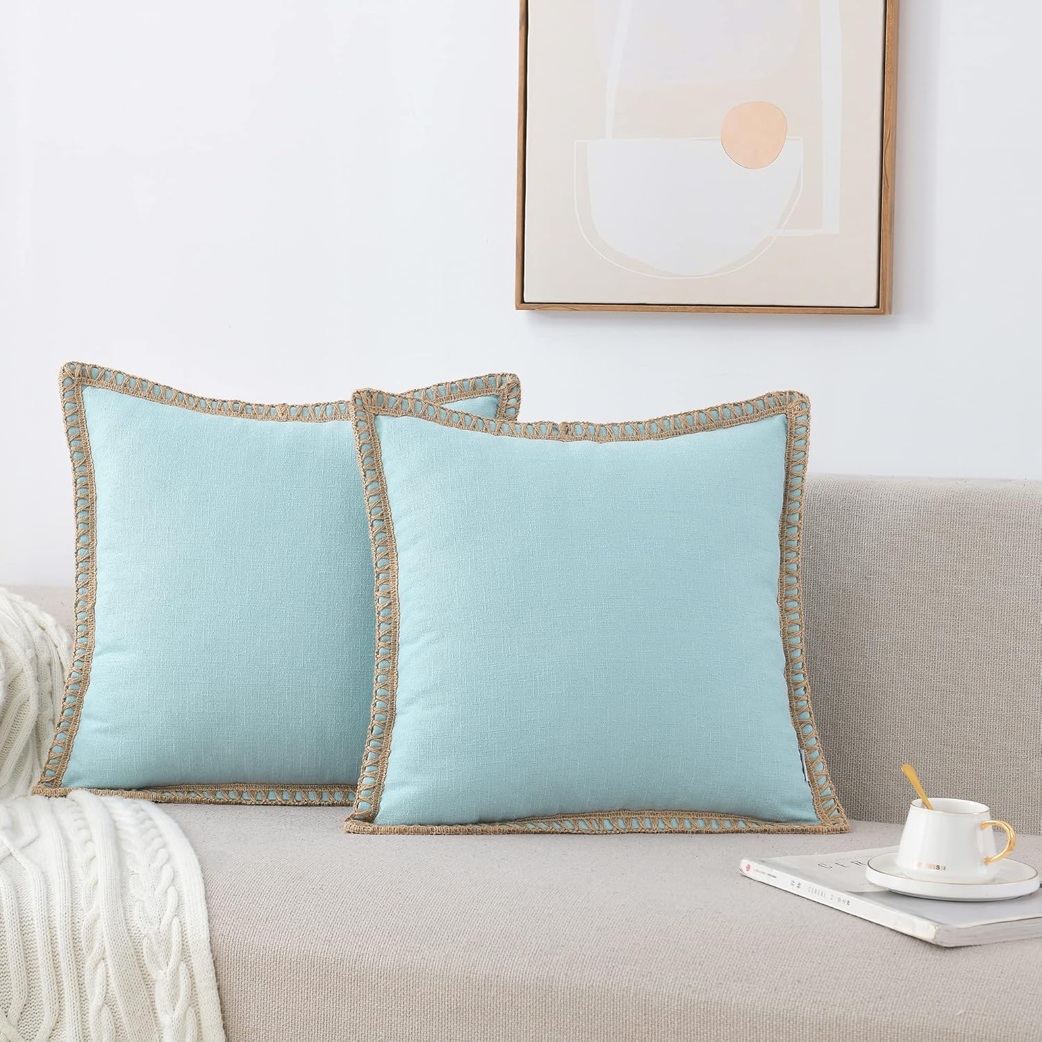 Nordeco HOME Set of 2 Throw Pillow Covers - Burlap Linen Trimmed Tailored Edges Decorative Cushion Covers for Bed Home Decoration, 20 X 20