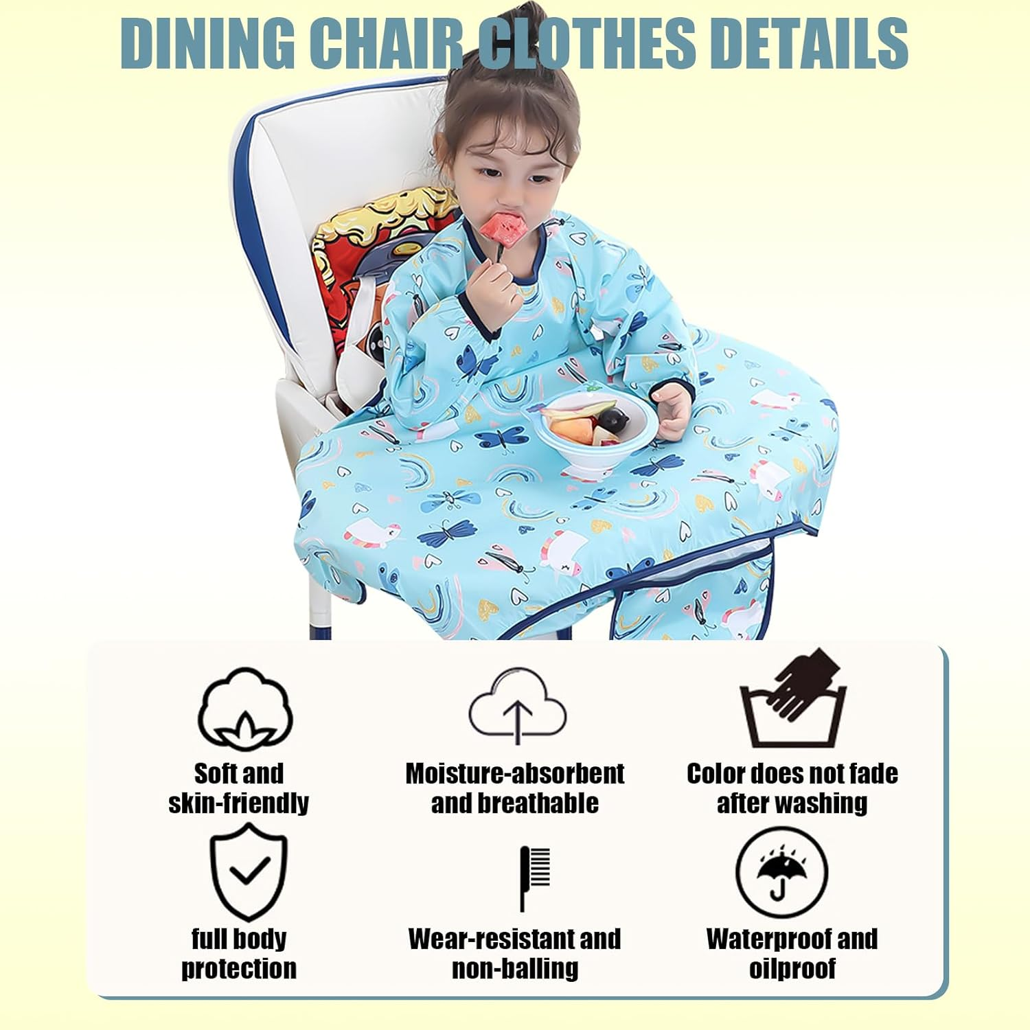 Coverall Weaning Bib with Long Sleeves, Attaches and Fully Cover to Baby Highchair, for 3-36 Months Baby Feeding, Waterproof and Easy to Clean & Machine, Soft and Skin-Friendly Materia, Blue, image number 1