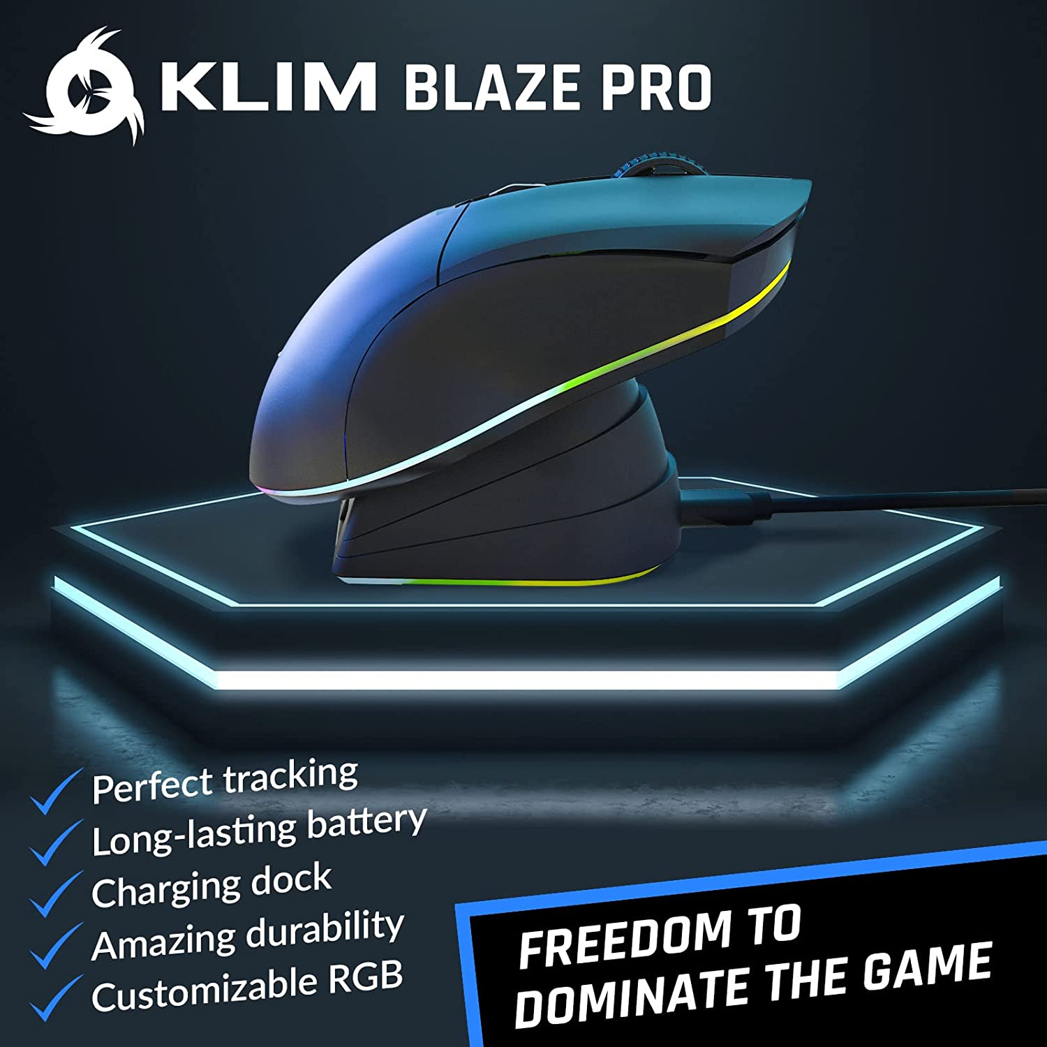 KLIM Blaze Pro Rechargeable Wireless Gaming Mouse with Charging Dock RGB - New Version - High-Precision Sensor and Long-Lasting Battery - up to 6000 DPI - Great PC Gaming Mouse Wireless