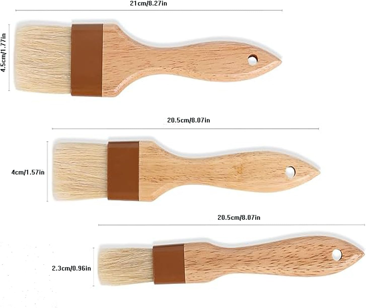 3 Piece Natural Bristle Wooden Handle Pastry and BBQ Sauce Brushes for Cooking, Baking, Grilling and Kitchen Waxing image number 2