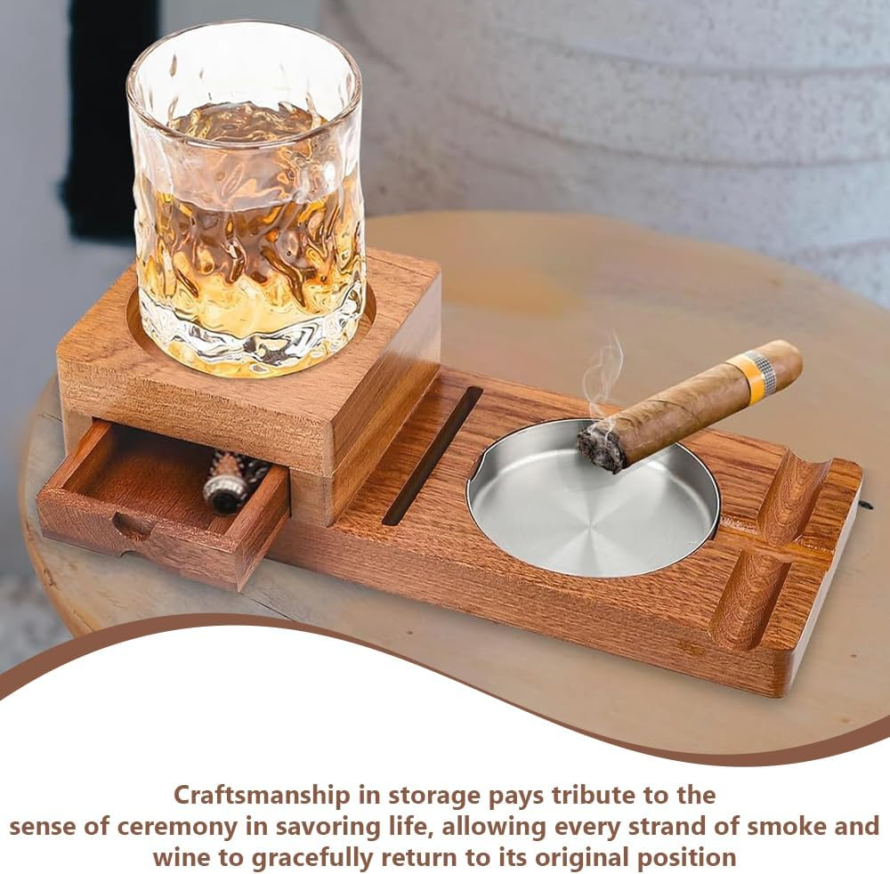 Wooden Cigar Ashtray Set with Whiskey Glass Holder, Built-In Drawer & Cigar Cutter, Multi-Functional Ashtray with Cigar Slot for Home, Office, or Outdoor Use