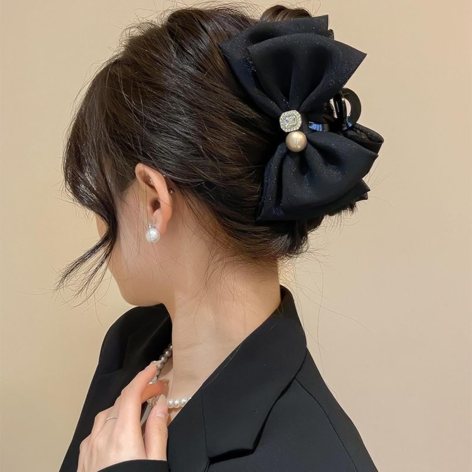 Tulle Bow Hair Clip with Rhinestones - Large Claw Hair Accessory for Thick Hair Ponytails, Chiffon Bow and Mesh Bowknot (Black) - White image number 7