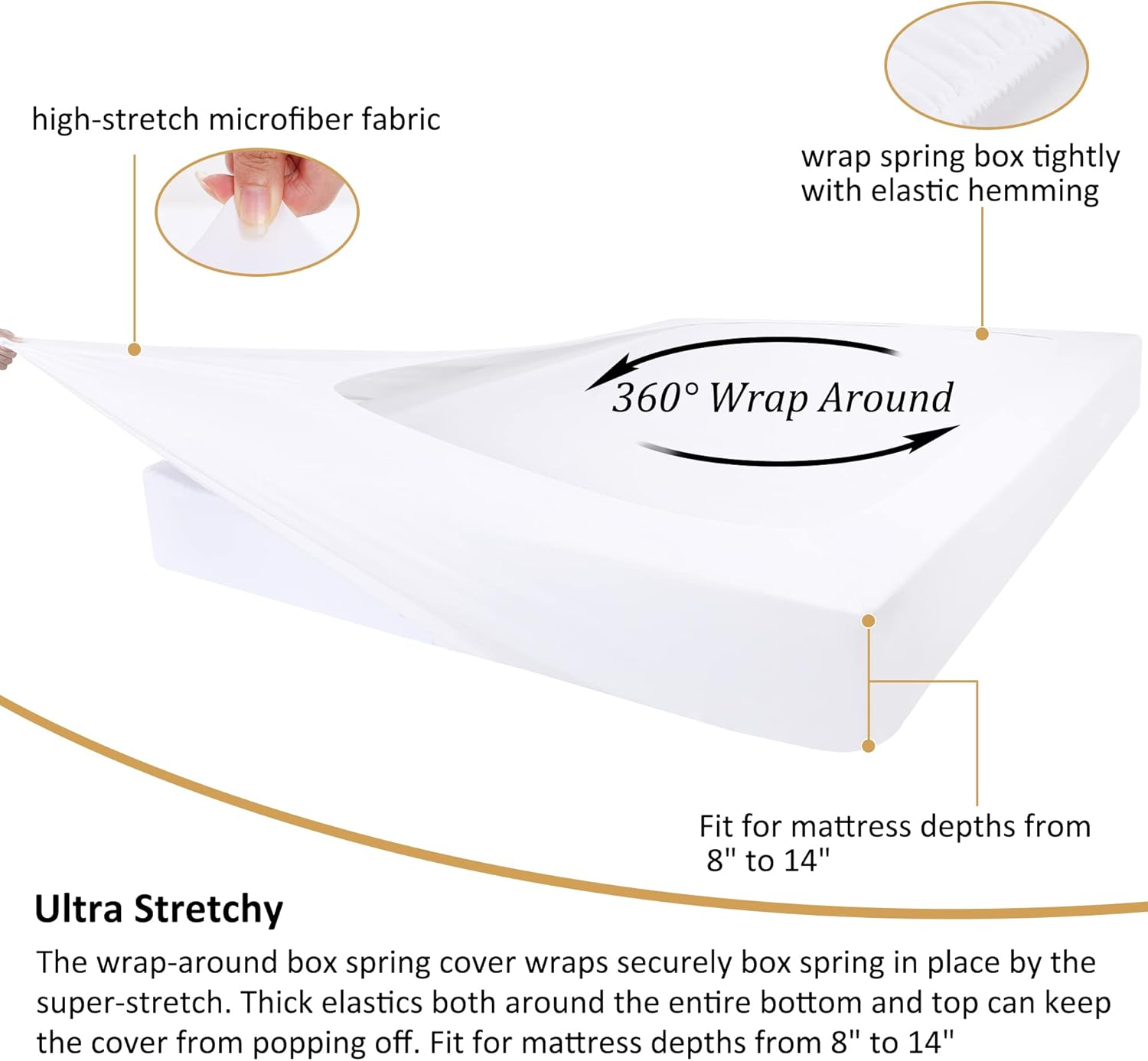 Piccocasa Box Spring Cover Stretchy Fabric Wrap around 4 Sides Bed Skirt Wrinkle Free for Home, Elastic Mattress Cover Fits Mattress up to 14" White Queen