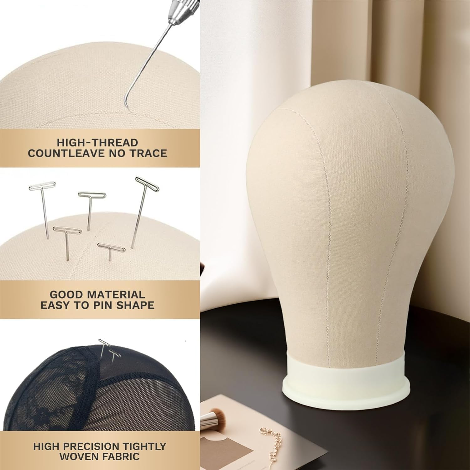 Canvas Block Head Mannequin Head Canvas Wig Head Wig Display Styling Head with Mount Hole (Light Brown,21")