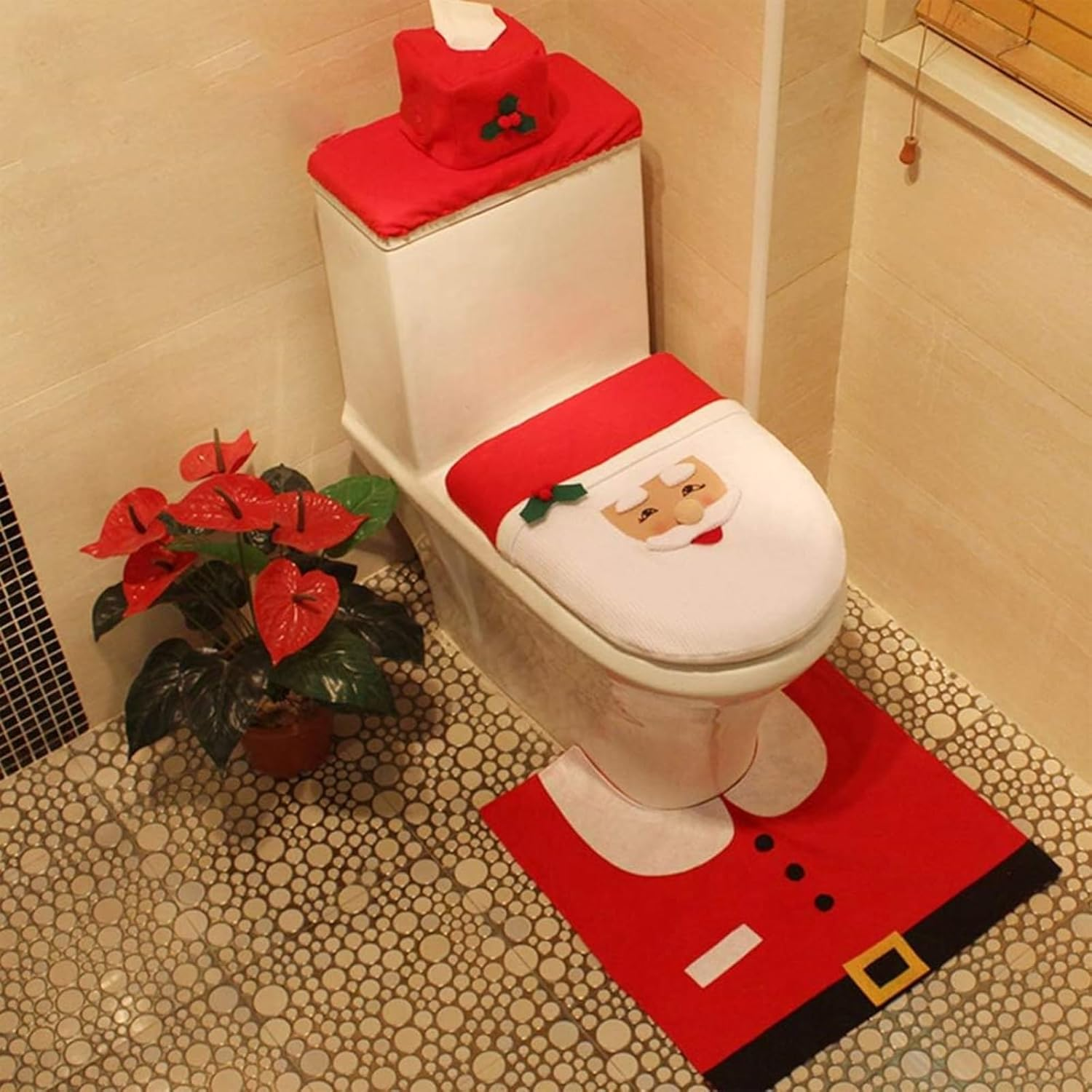 1 Set Christmas Toilet Seat Cover, Santa Claus Bathroom Decorations, Holiday Rug and Tank Cover, Xmas Home Indoor Decor image number 6