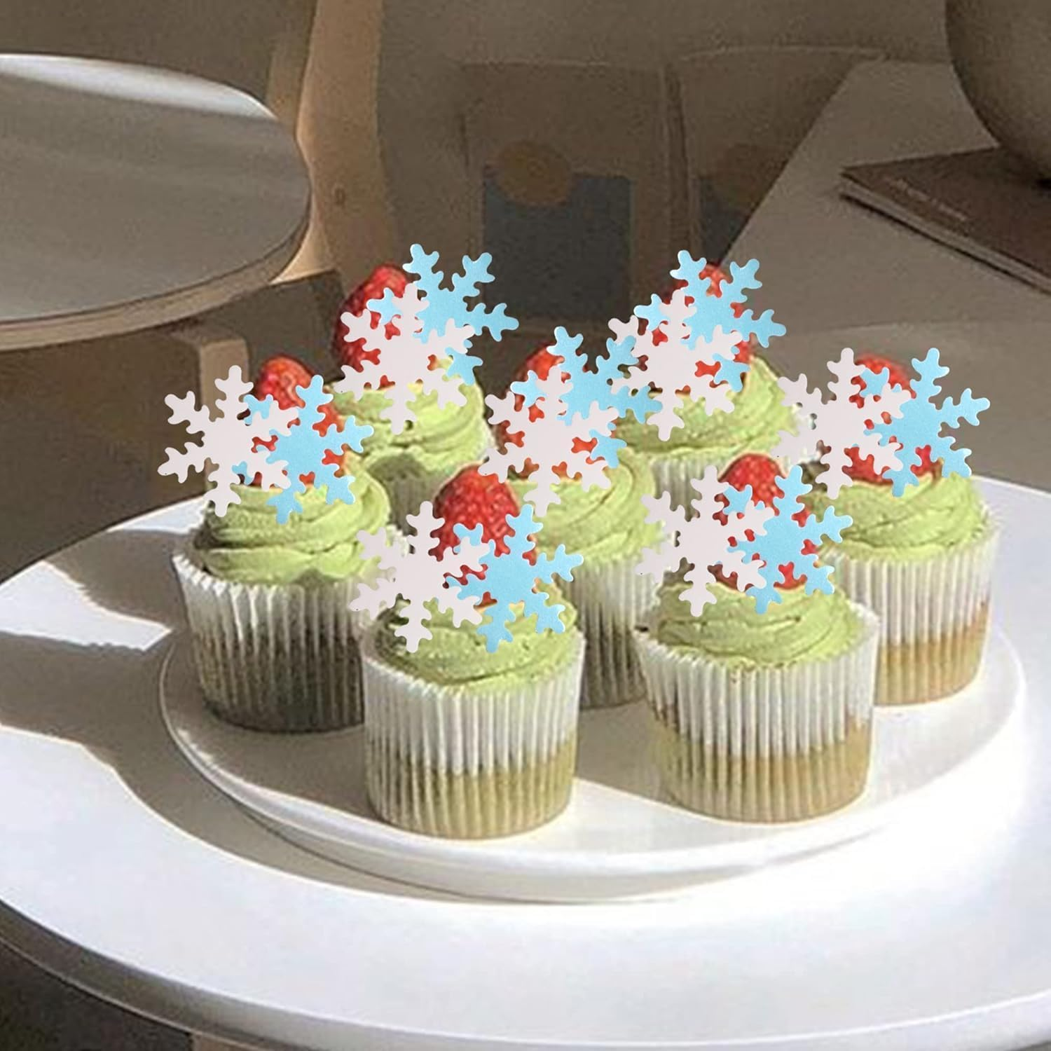 50 Pack Edible Snowfalke Cupcake Toppers Winter Frozen Snowflake Cake Picks for Snowflake Theme Winter Wonderland Baby Shower Birthday Christmas Party Supplies image number 6