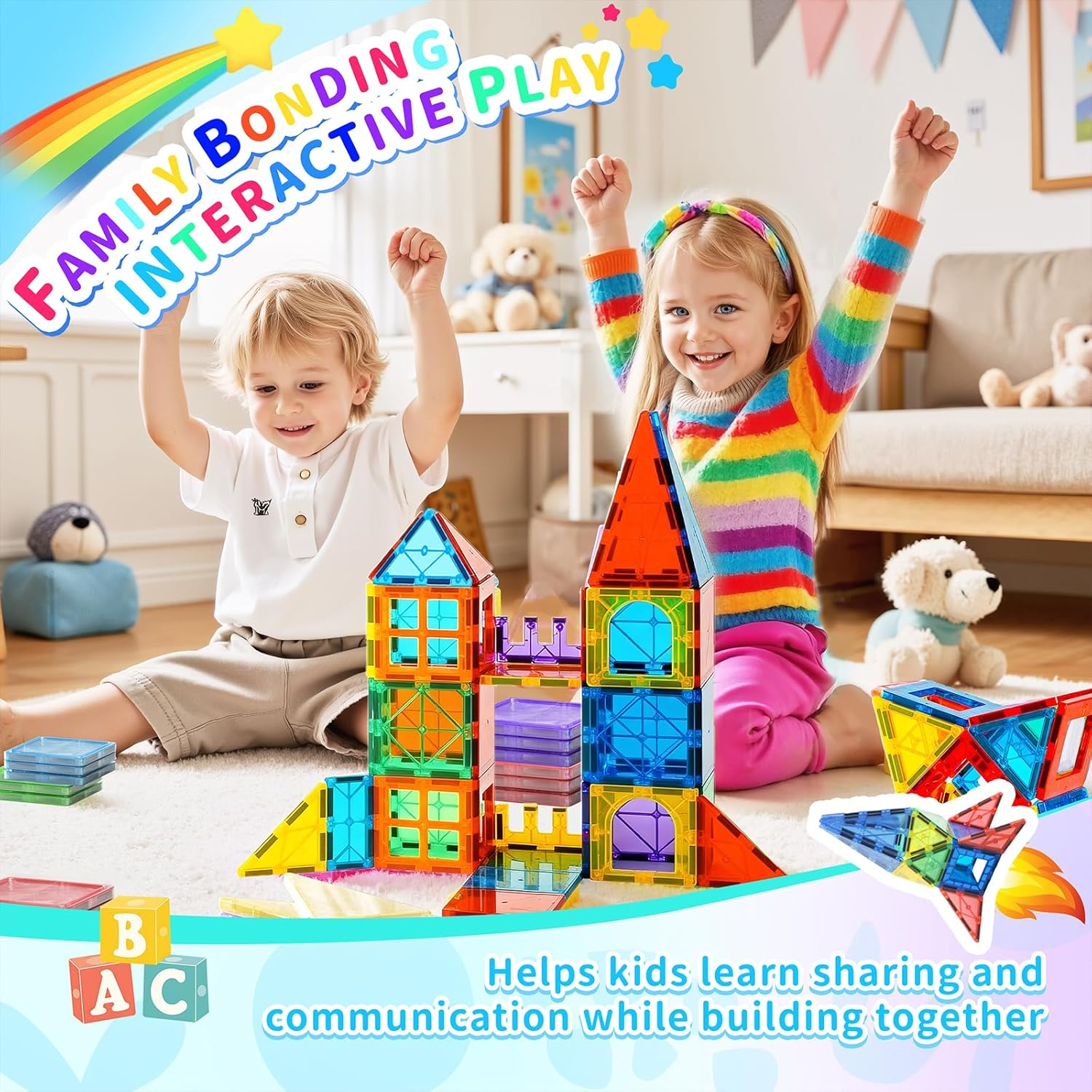 Wukon Magnetic Tiles Kids Toys - 103Pcs Magnet Building Tiles Clear Magnetic 3D Blocks Constructio Playboards, Preschool Learning Sensory Montessori Pretend Toy for 3+ Year Old Boys and Girls image number 6