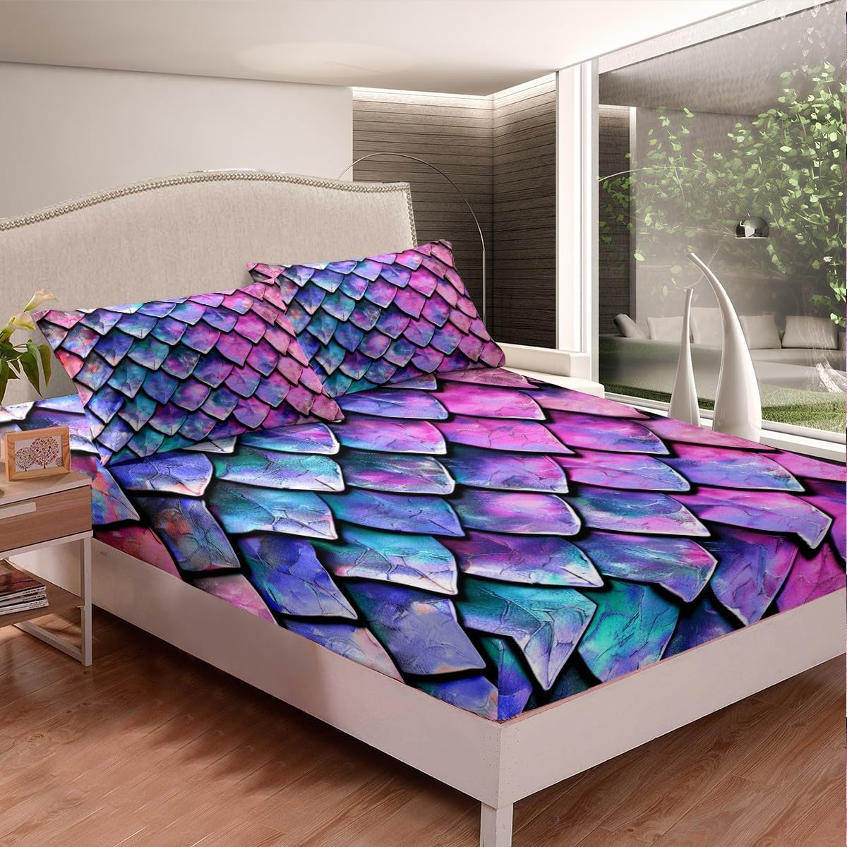 Feelyou Dragon Scale Bed Sheets Set Twin Size Wild Animal Skin Sheet Set for Kids Girls Decor Glitter Psychedelic Animal Sheets with Deep Pocket Fitted Sheet Wild Safari Theme Purple Pink Bedding Set image number 3