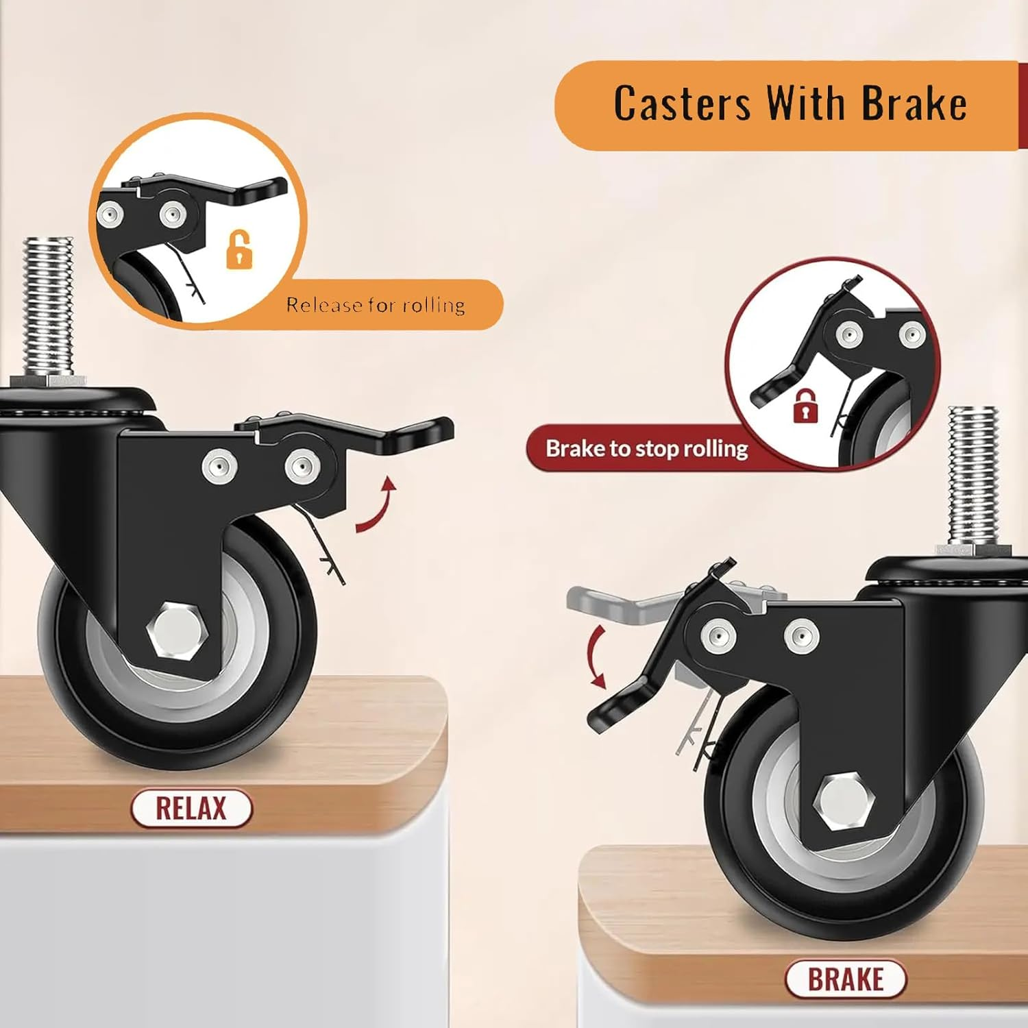 MYLEUS 4PCS 2" Heavy Duty Swivel Castor Wheels with Brake,With M8X25 Threaded Stem and Nuts,No Floor Marks, 600Lbs Capacity, for Furniture Workbench Trolley image number 1