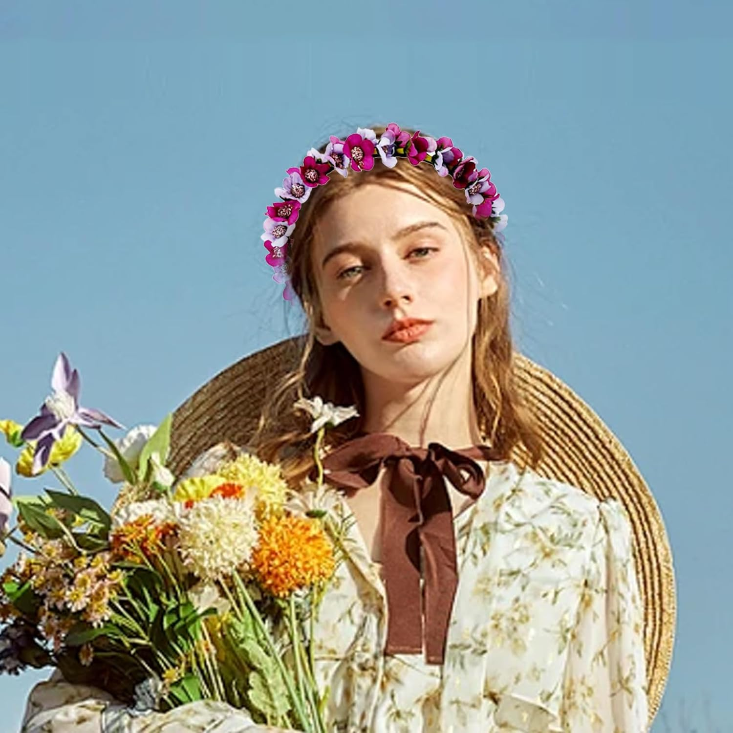 BSITSSS 2 PCS Floral Crown Flower Headband for Women Girls, Flower Crown Headband Crown Boho Floral Headpiece, Flower Garland Flower Hair Band Wreath Party Festival Hair Accessories (Pink, Green)