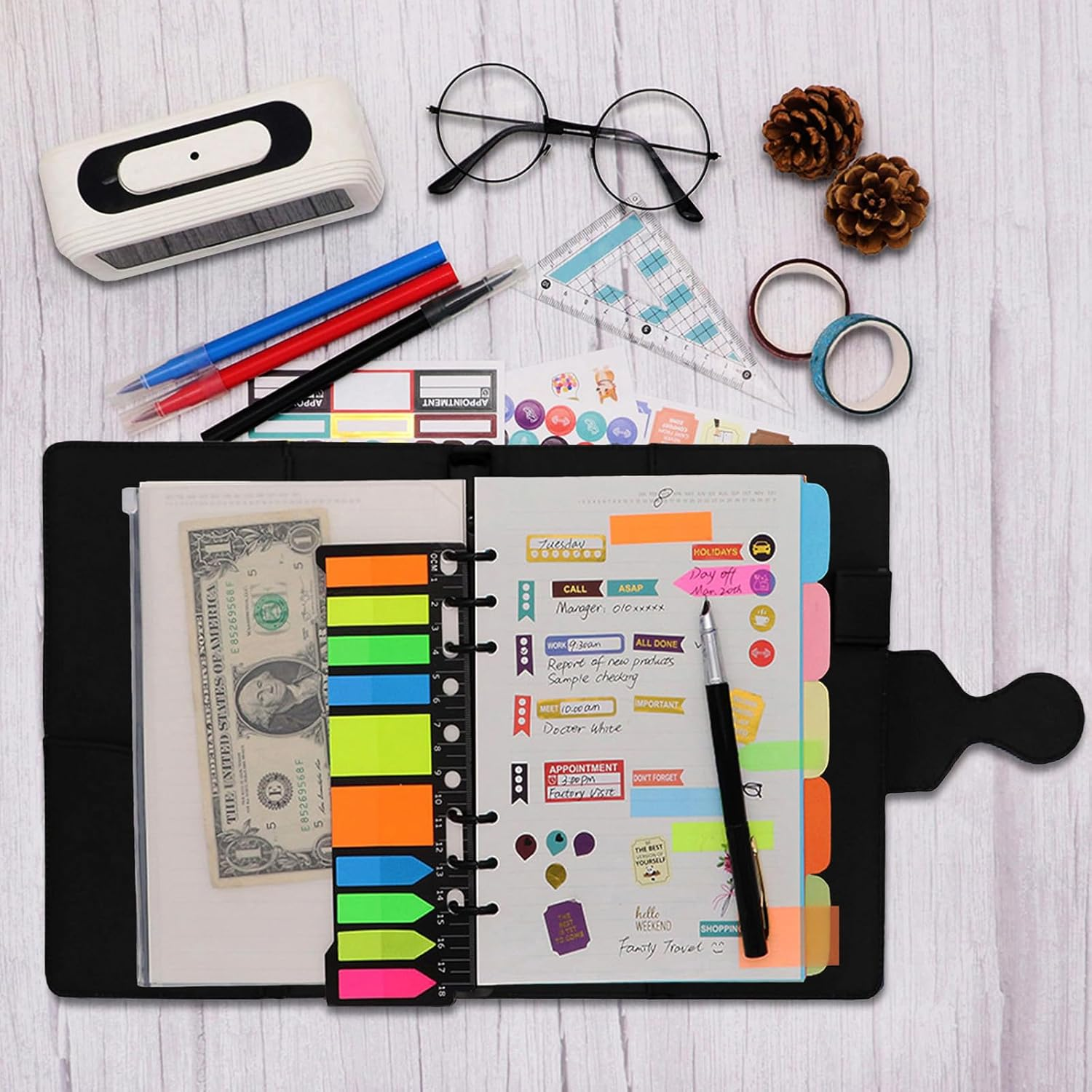 HXRTANGS PU Leather Notebook A5, 6-Ring Binder Journal Refillable Business Notebook, Personal Planner Organizer with Pockets/Pen Holder/Accessories/Lined Paper 160 Pages, Black