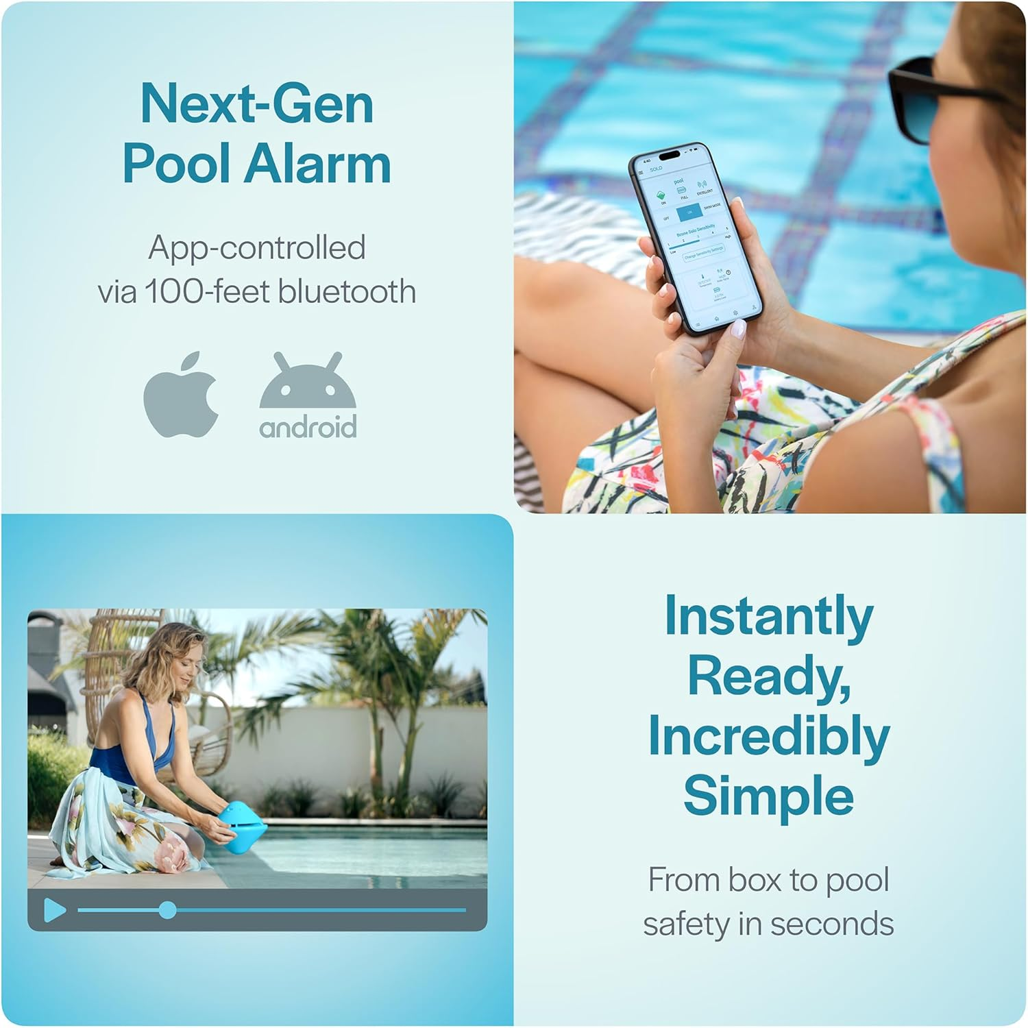Solo Pool Alarm, Smart Pool Alarm with Bluetooth App, for above Ground and In-Ground Pools, Loud 110 Db Siren, IP68 Waterproof, 3-Year Warranty, Installed in Seconds. image number 1