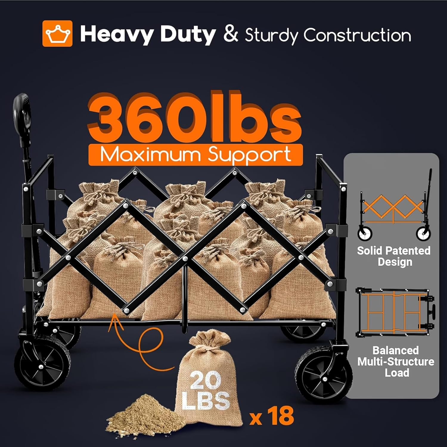 Collapsible Wagon Cart Foldable - Portable Heavy Duty Folding Beach Wagons with Wheels - Outdoor Utility Carts for Groceries, Shopping, Camping, Sports, Garden with Large Capacity (Black) image number 4