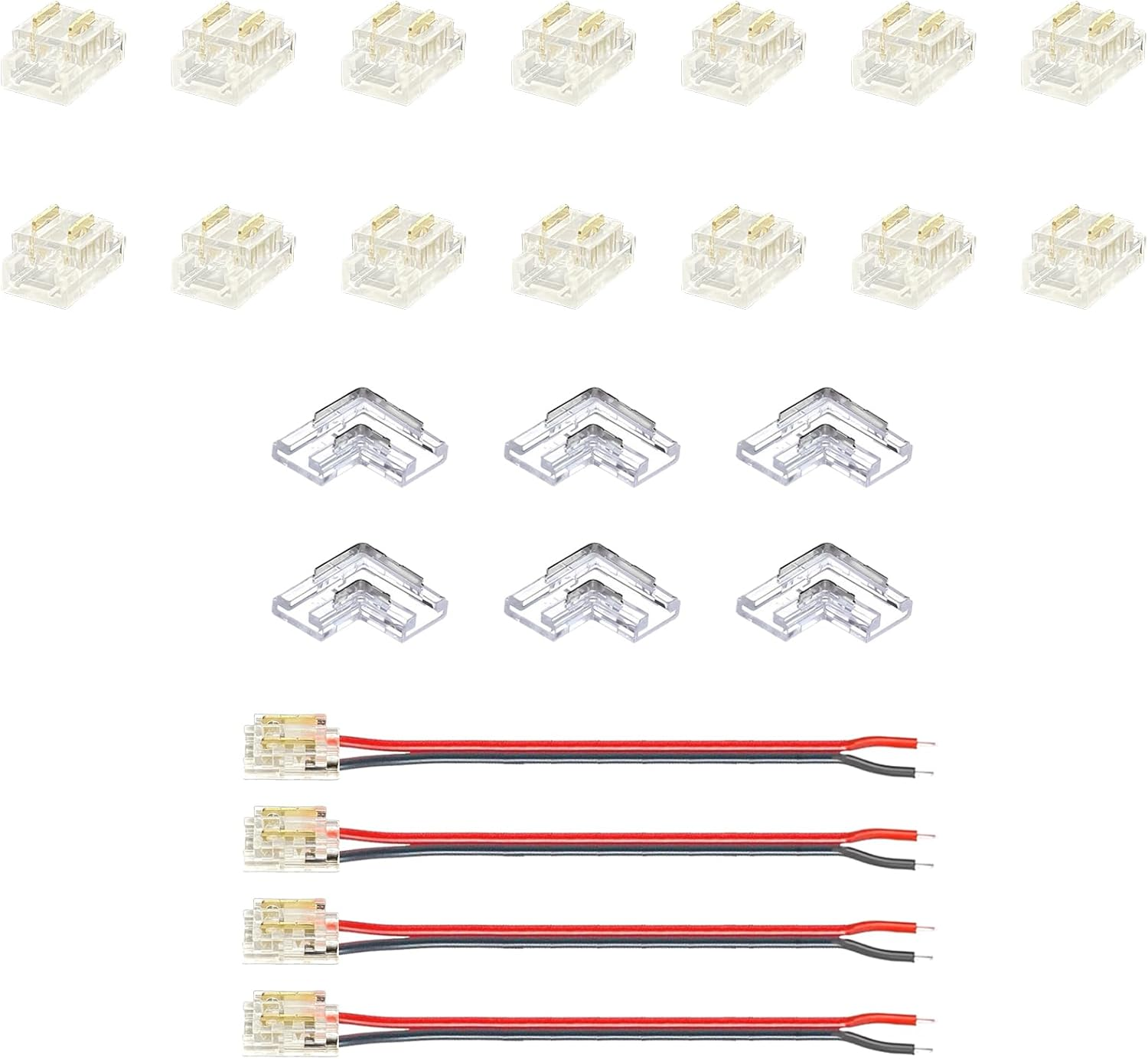 Clearhill 5Mm 2Pin 24PCS Press-In Assembly COB LED Strip Connector Corner Kit,14Pcs Strip to Strip Connectors,6Pcs L-Shape Connectors,4Pcs Strip to Wire +10Cm Cable Connectors,For 5V 12V 24V Strip. image number 5