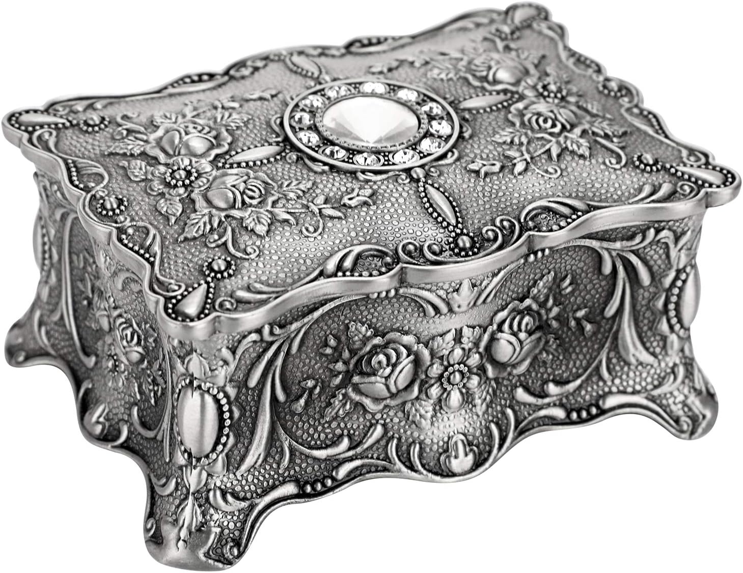 Hipiwe Vintage Jewelry Box, Metallic Grey Floral Rectangular Treasure Chest Box, 3.7" X 2.7" X 2", Keepsake Gift Box Case for Women Girls image number 5