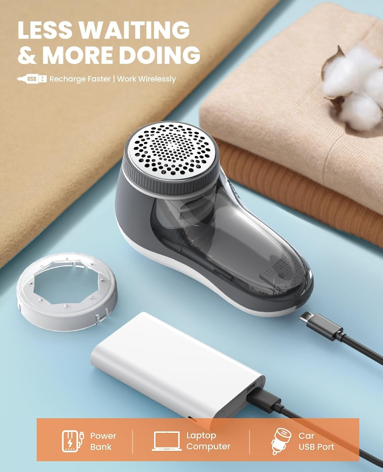 POPCHOSE Fabric Shaver, Lint Remover for Clothes, Electric Lint Shaver with 6-Leaf Blades, Sweater Shavers to Remove Pilling for Clothing, Couch, Furniture, Fuzz, Lint Ball, Pillings, USB Rechargeable image number 4