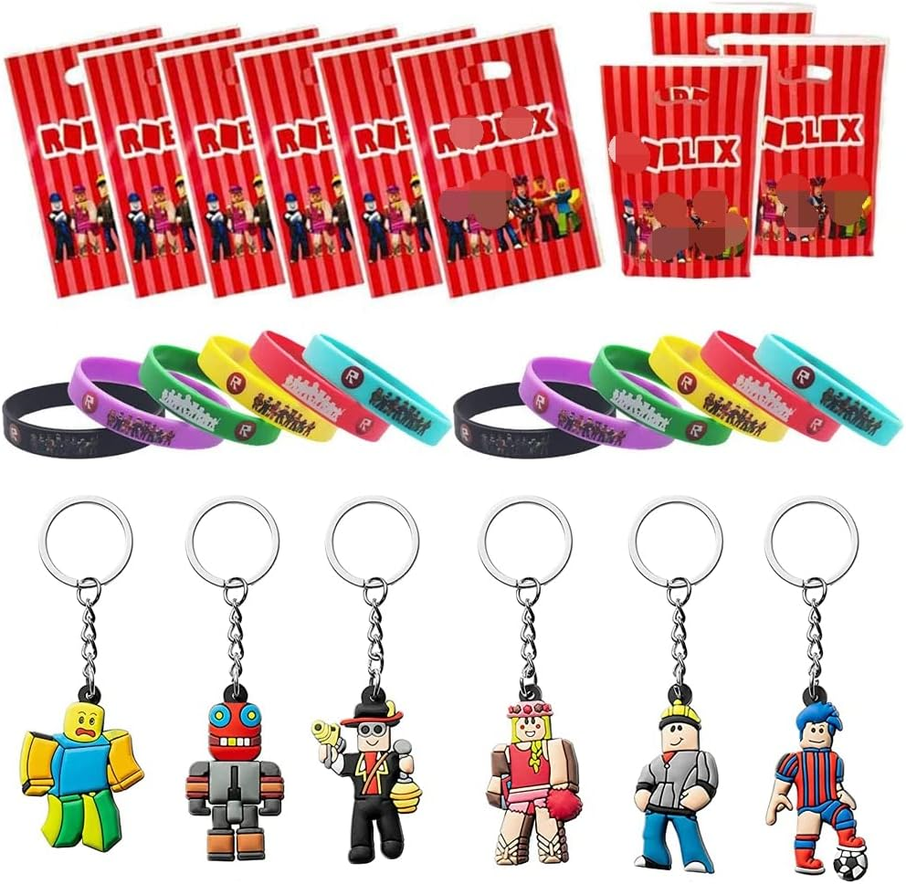 Key Ring Toy, Keyring Set, Roblx Coloured Silicone Bracelets (12), Key Ring (6), Gift Bags (10), Party Accessories for Children'S Birthday, Game, Theme Party