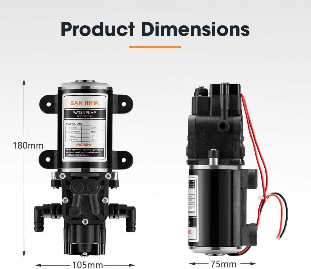 San Hima 12V Water Pump, 65PSI 6L/Min High Pressure DC Fresh Water Pump Self Priming for Caravan RV Garden Camping Boat image number 3