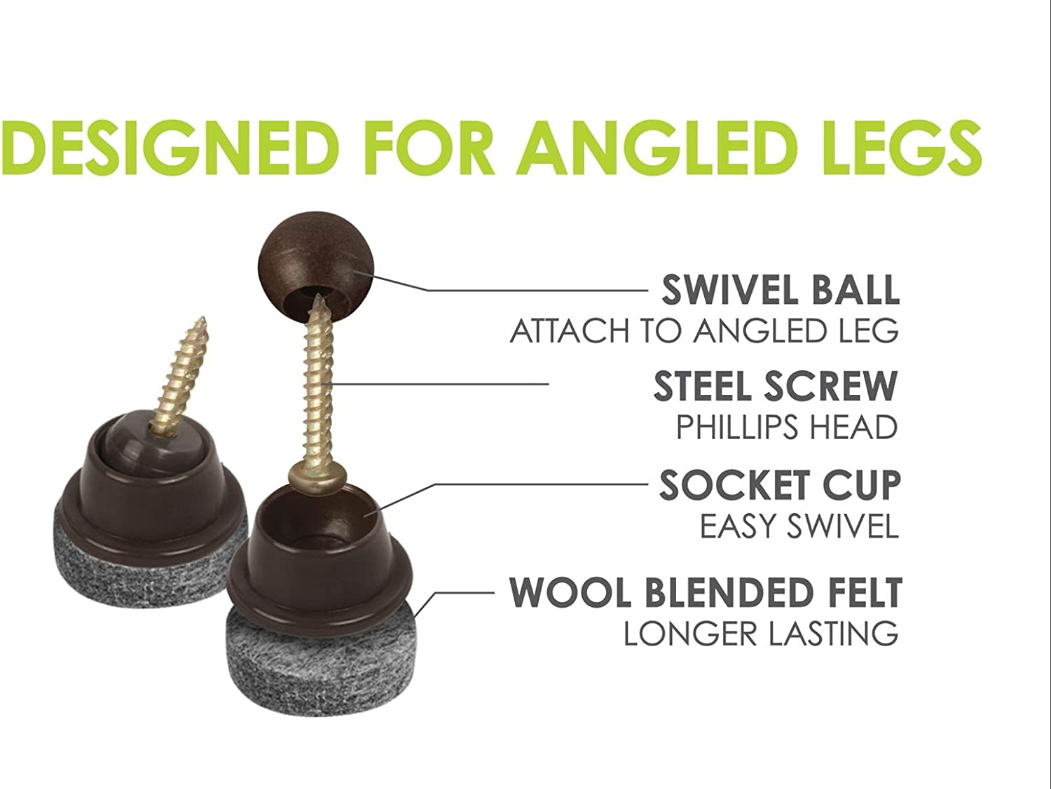 Gorillafelt Swivel Glide Felt Sliders for Chairs (16 Pack) Screw-On Floor Protectors for Angled Furniture Legs, 1 Inch round Felt Glides, CB259-16 image number 1