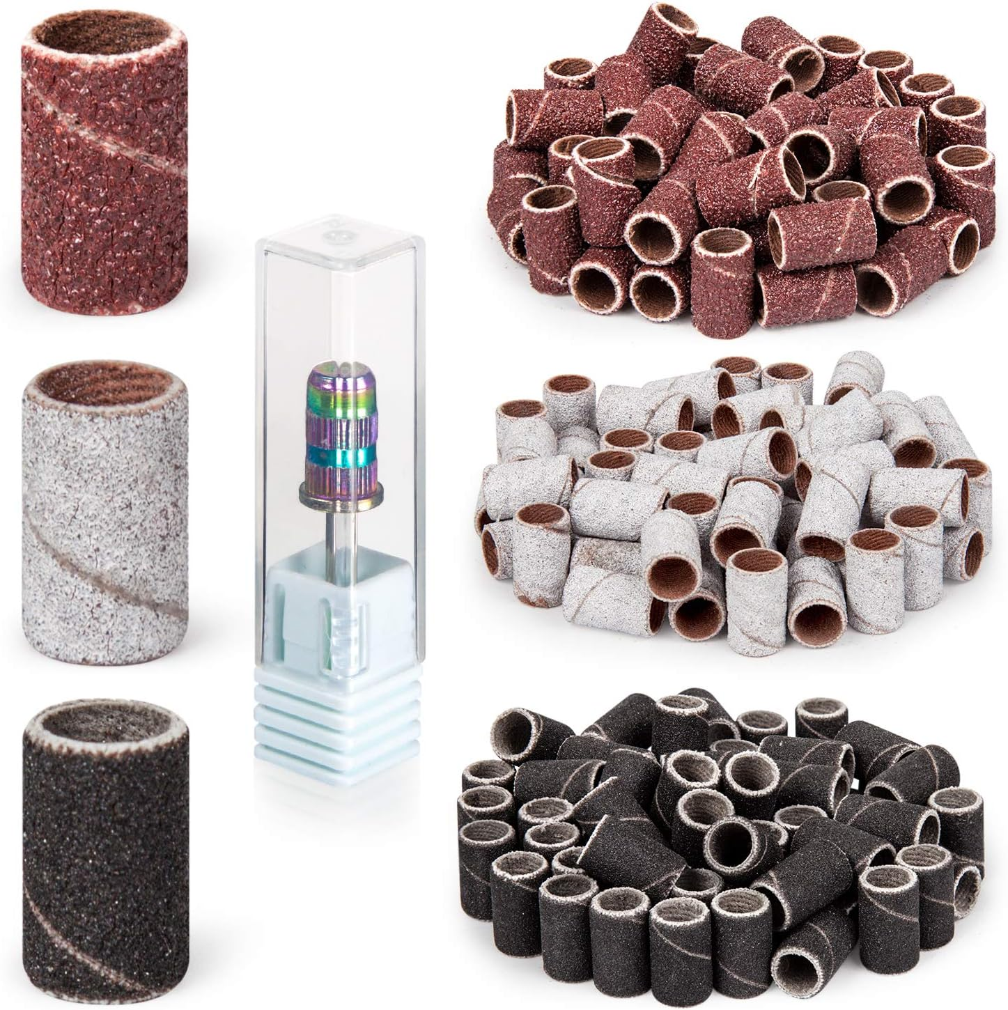 Lavinda Sanding Bands Nail Drill Bits 300Pcs Grits Electric File Nail Sanders Professional Drill Bits Set #80#150#240 Zebra Grinder Band Colorful 3/32" Mandrel Bit for Manicures Nail Drill Machine image number 1