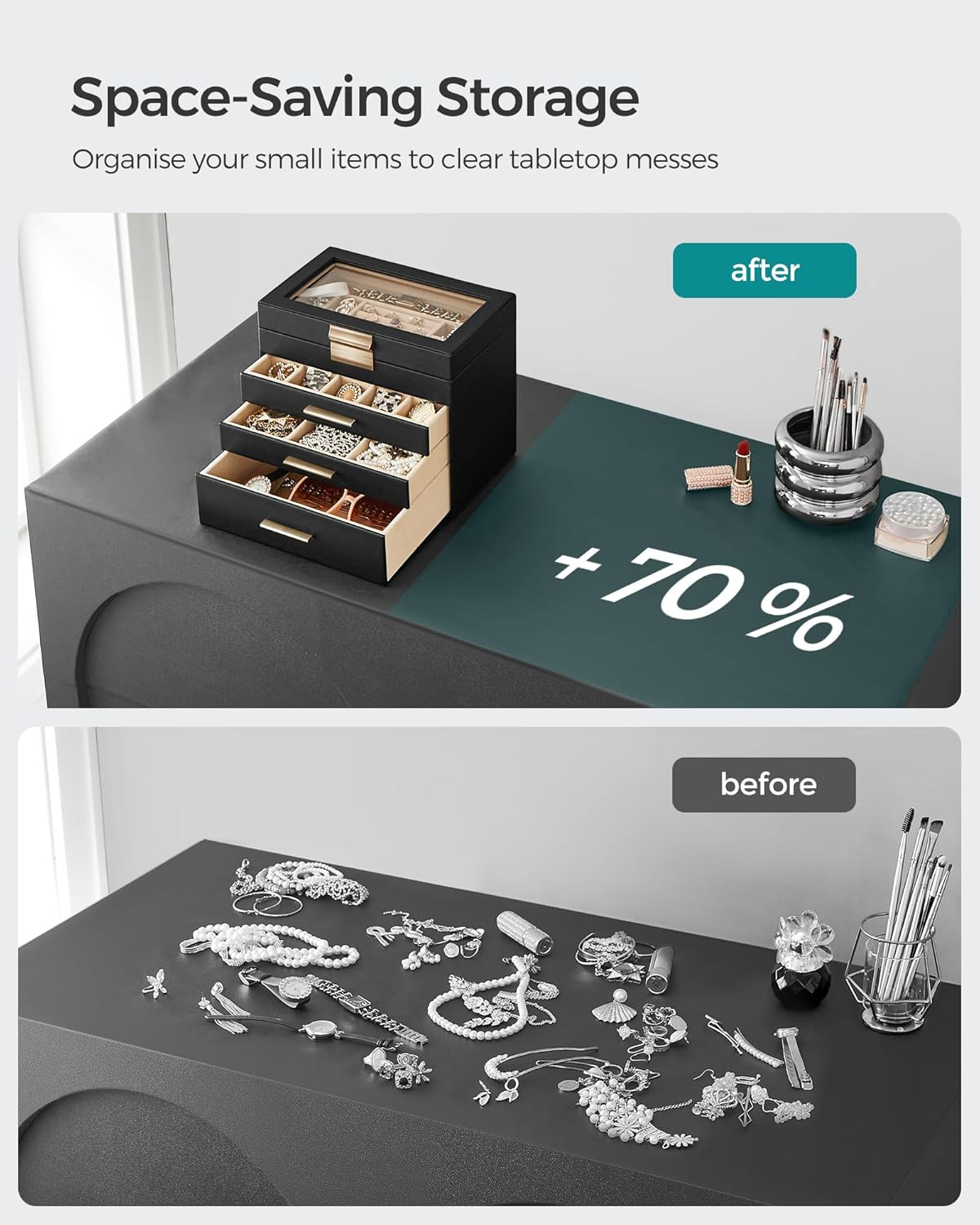 SONGMICS JBC161B02 4 Tier Jewellery Box with Glass Lid 3 Drawers Sunglasses Large Jewellery Storage Modern Graphite Black Gold image number 3