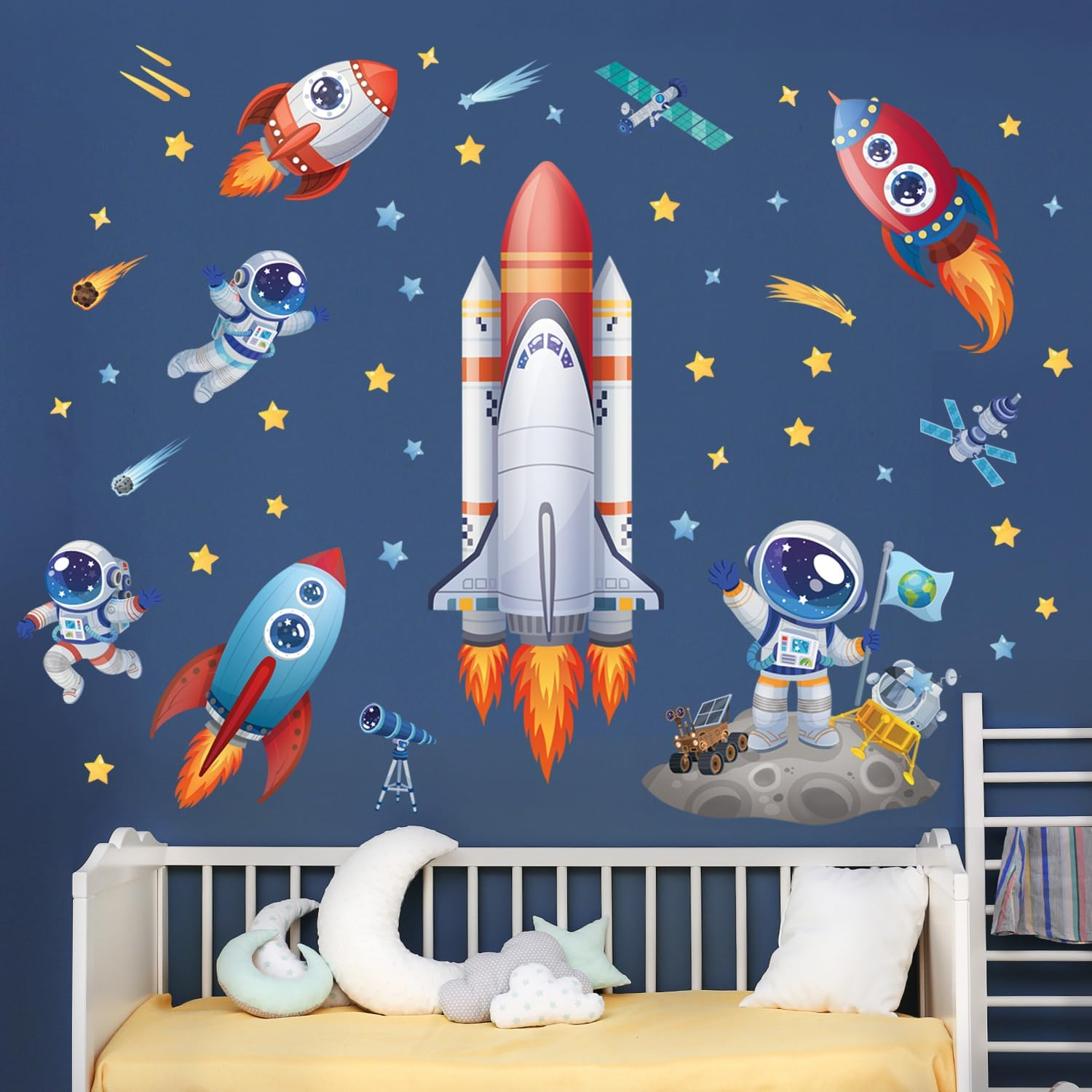 DECOWALL SG2-2416 Rocket Astronaut Wall Stickers Decals Kids Bedroom D&eacute;cor Nursery Boys Galaxy Stars Outer Space Planets Solar System Dark Removable Decoration Living Spaceship Window Art Mural Peel image number 3
