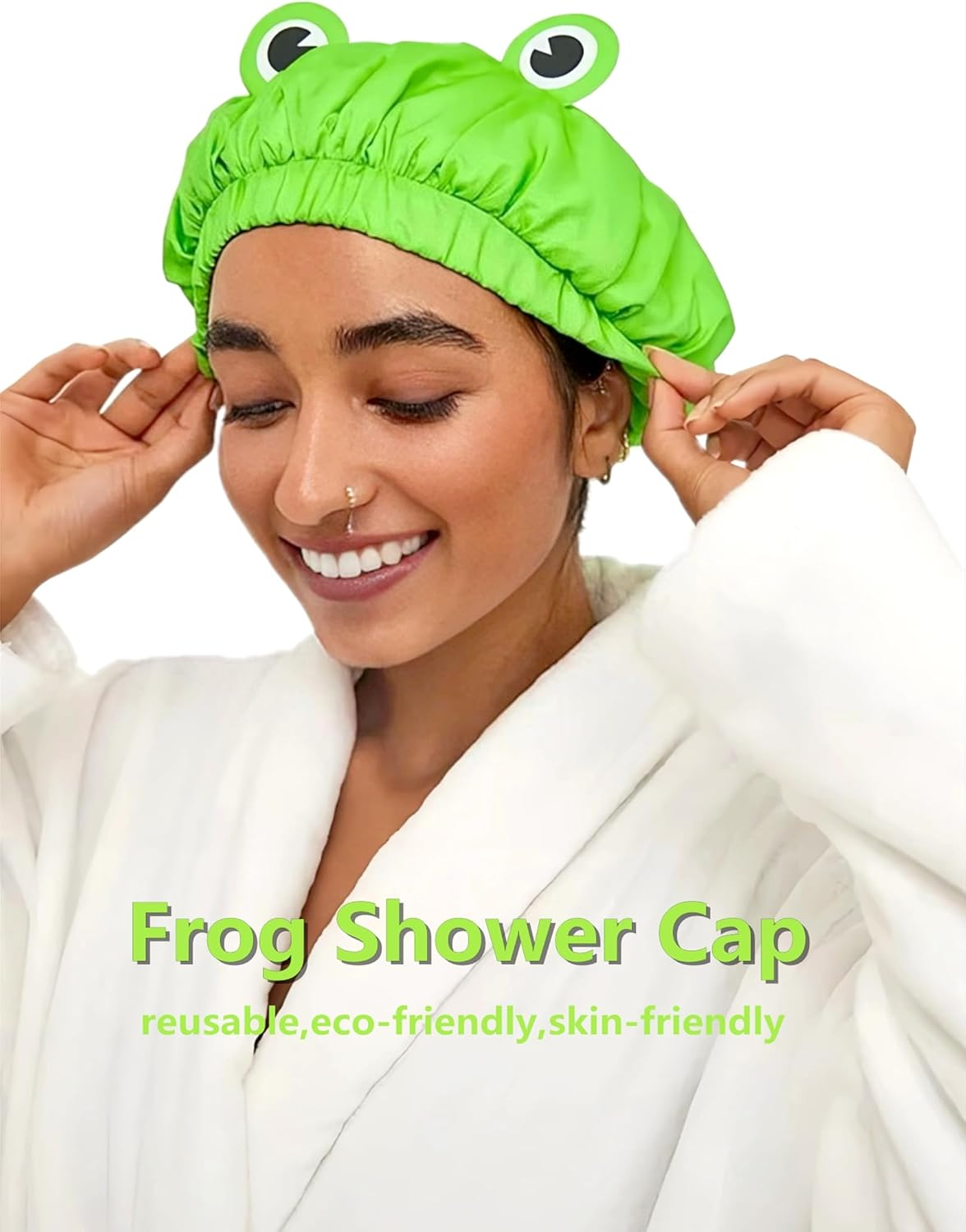Lamame Shower Cap, Waterproof Reusable Double Layers Bath Cap Elastic Band Hair Cap Green Frog Shower Cap for Women Ladies Spa Salon, Small image number 5