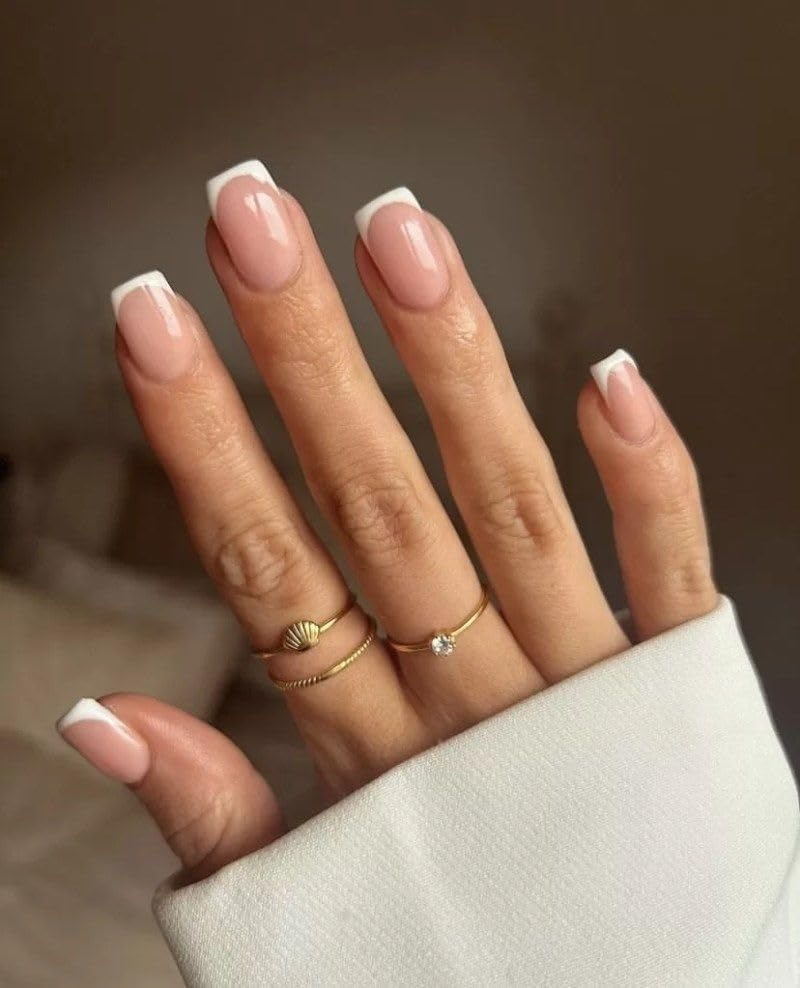 Mouyouglow Press on Nails Short, Square Nude White French Fake Nails with Nail Glue, Natural White Tip Artificial Fingernails image number 1