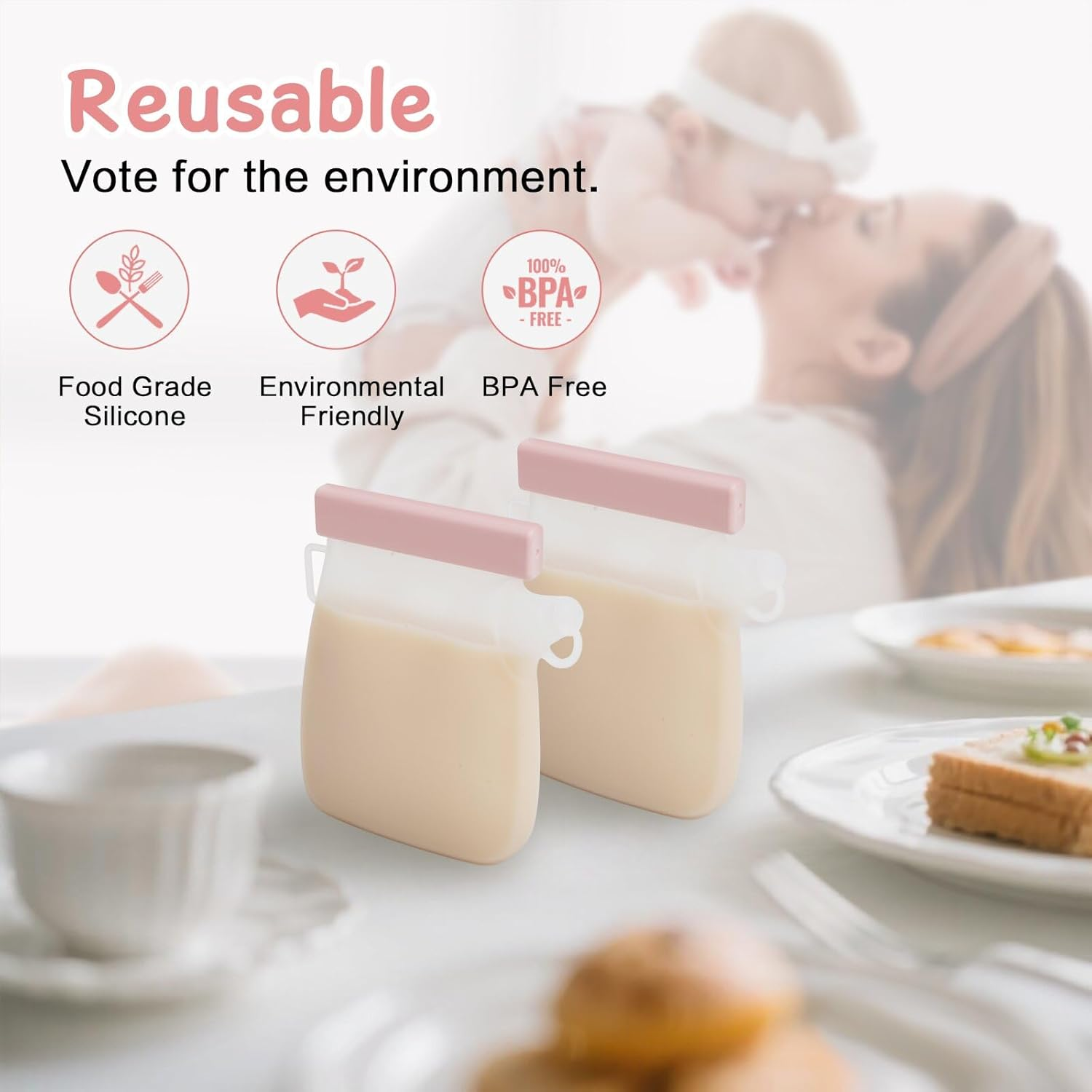 Silicone Breast Milk Bag, Reusable, 11 Oz/320Ml Double-Layer Leak Proof Breast Milk Freezer Bag, BPA Free Self Standing Breast Milk Bag, Suitable for Breastfeeding, Baby Food Bag (3Pieces) image number 2