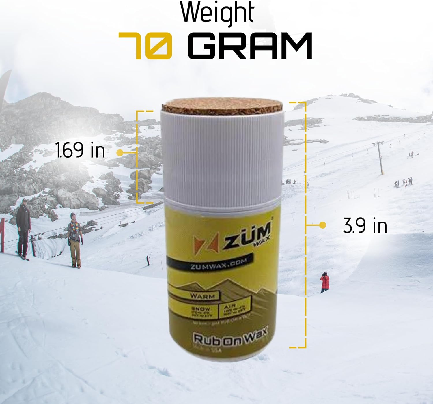 Zumwax Rub-On Ski/Snowboard/Nordic/Cross-Country Wax 70G, WARM Temperature, Easy Cork Applicator, Long-Lasting Performance, Secret Vanilla Scent, Made in USA, Pfas-Free, Excellent Spring Wax