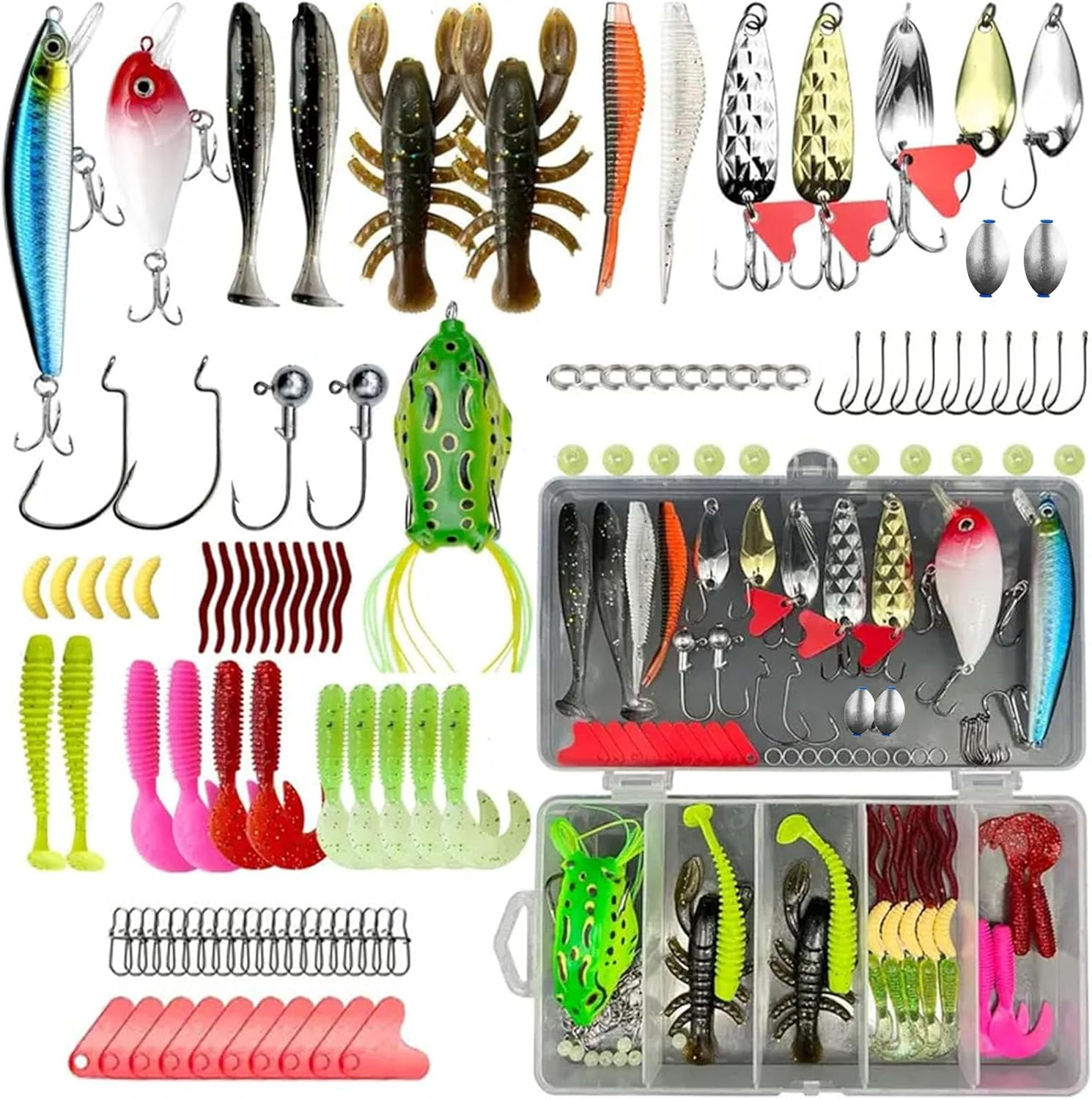 Fishing Lures,107Pcs Fishing Equipment,Fishing Stuff Includes Trout Lures Bass Lures Soft Plastic Worms Crankbait Jigs Fishing Hooks,Tackle Box Starter Kit image number 1