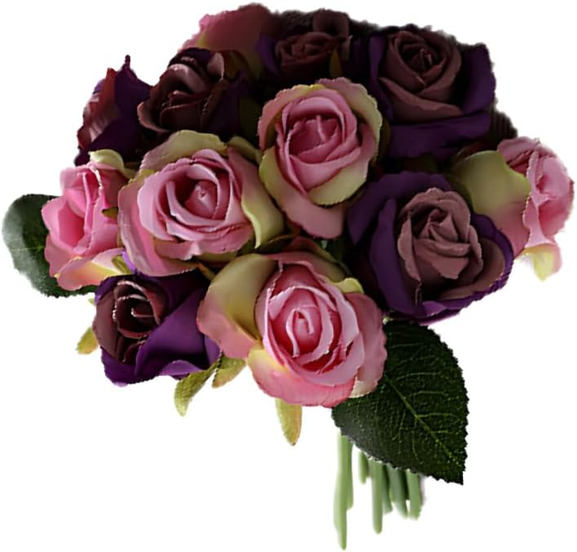 12 Heads Silk Rose Artificial Flowers Fake Bouquet Buch Home Wedding Party Decor, Real-Touch Fabric and Plastic, 25Cm Length
