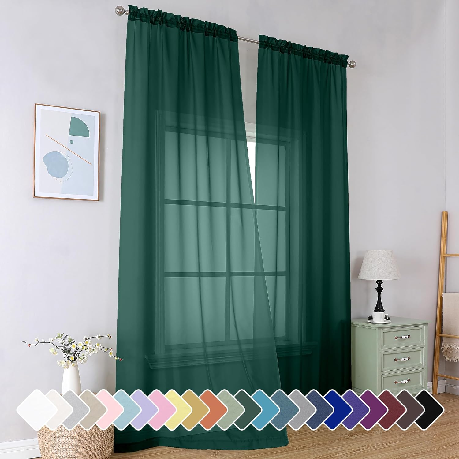 Simplebrand Hunter Green Sheer Curtains 96 Inches Long 2 Panels, Light Filtering Rod Pocket Solid Color Window Sheer Curtain Panels, Elegant Curtains & Drapes for Living Room, Bedroom, 42" W X 96" L image number 6