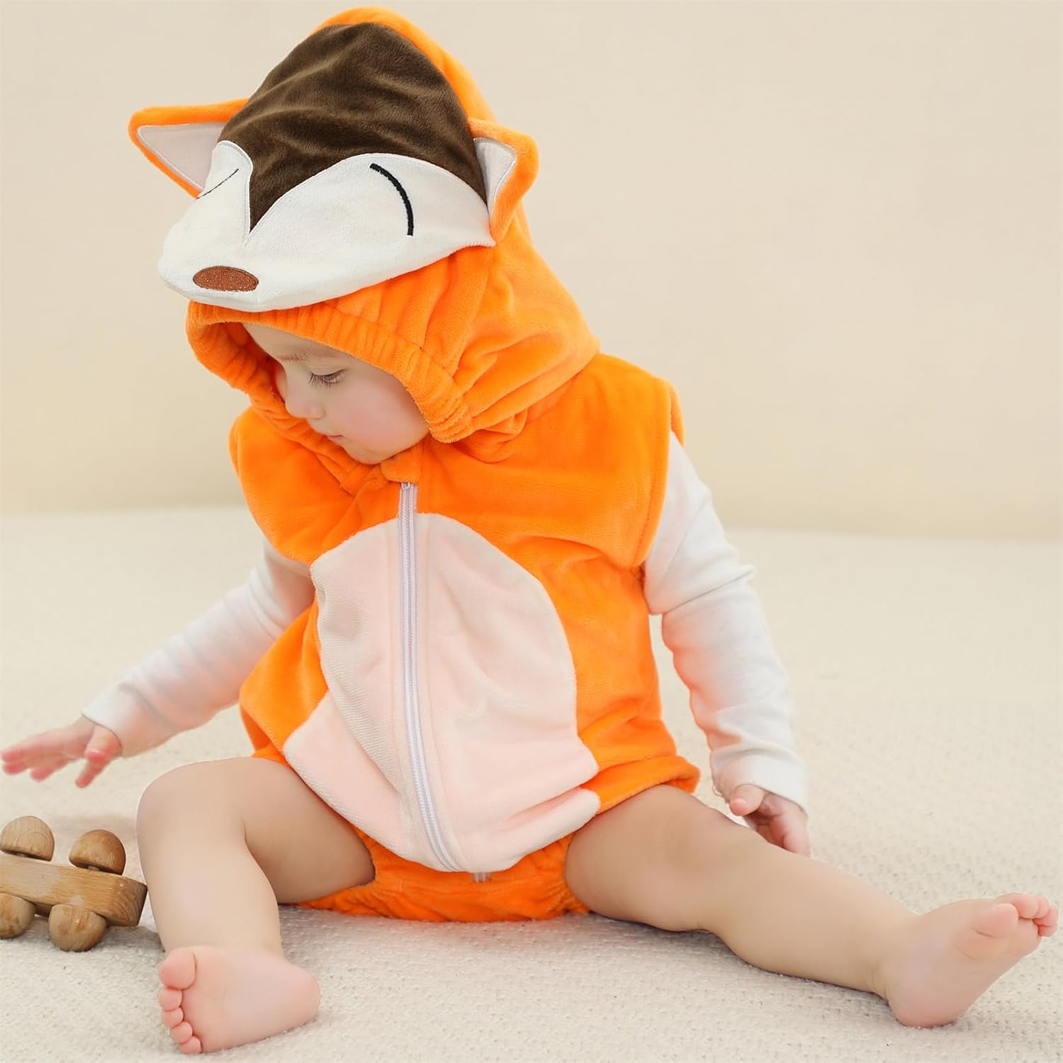 Sleeveless Unisex Baby Animals Hooded Romper for Christmas Halloween Outfits,Toddler Zip up Cosplay Costume Jumpsuit image number 3
