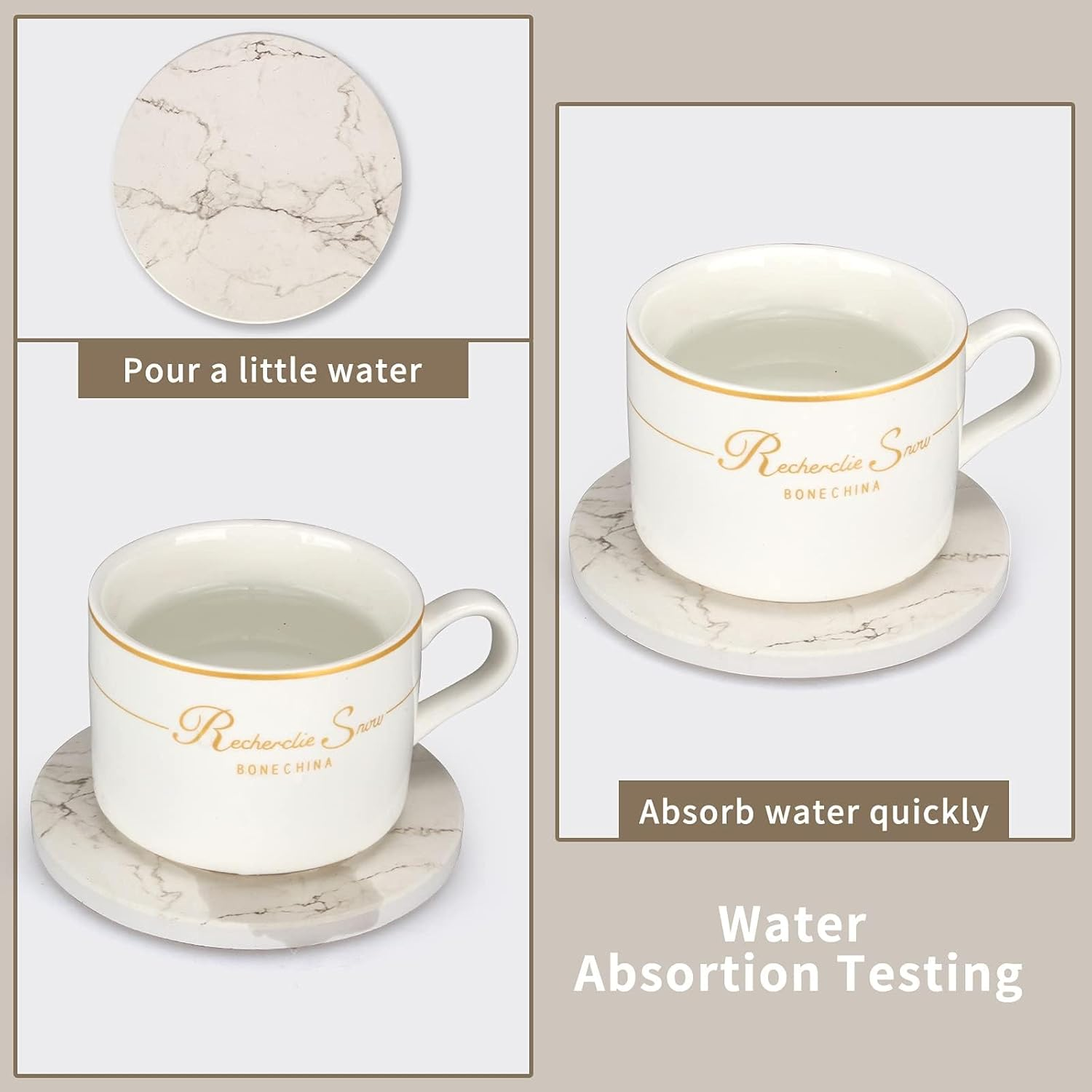 6 Pcs White Marble Coaster Set with Holder Best Absorbent Coasters Drink Stone Coasters Ceramic Wine Coasters Table Cup Coasters