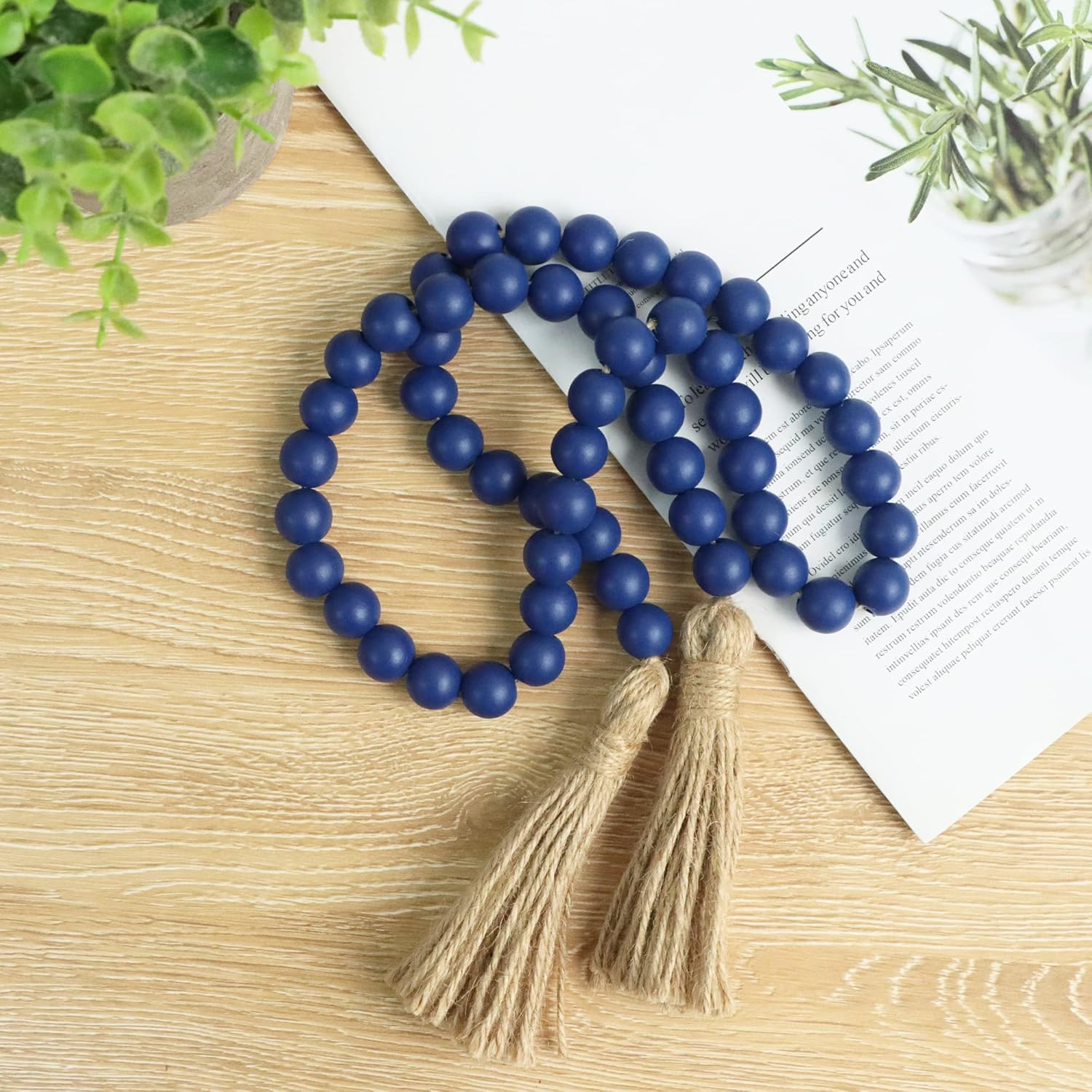 Meplait 39In Wood Bead Garland Farmhouse with Tassels,Versatile Prayer Beads Boho Chic Wall Hanging Home Decor (Navy Blue) - Blue image number 7