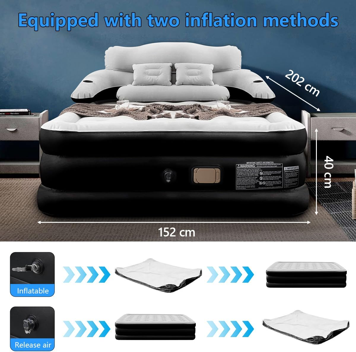 Queen Size Air Mattress,Queen Size Air Mattress with Headboard and Pillows,Pvc Waterproof Material,Skin-Friendly Flocking Surface,135 * 190 * 40CM,300KG MAX, Suitable for Family Camping image number 3