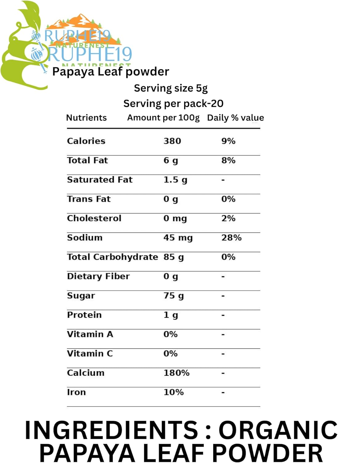 Organic Papaya Leaf Powder - 100G | 100% Pure, Non-Gmo, Gluten-Free, Rich in Antioxidants & Nutrients | Supports Digestion, Immune Health & Detoxification Brand: RUPHE19 NATURENEST Product Type: Organic Papaya Leaf Powder Quantity: 100G Packaging: Resealable Pouch Origin: INDIA Shelf Life: 24 Months from Date of Manufacturing