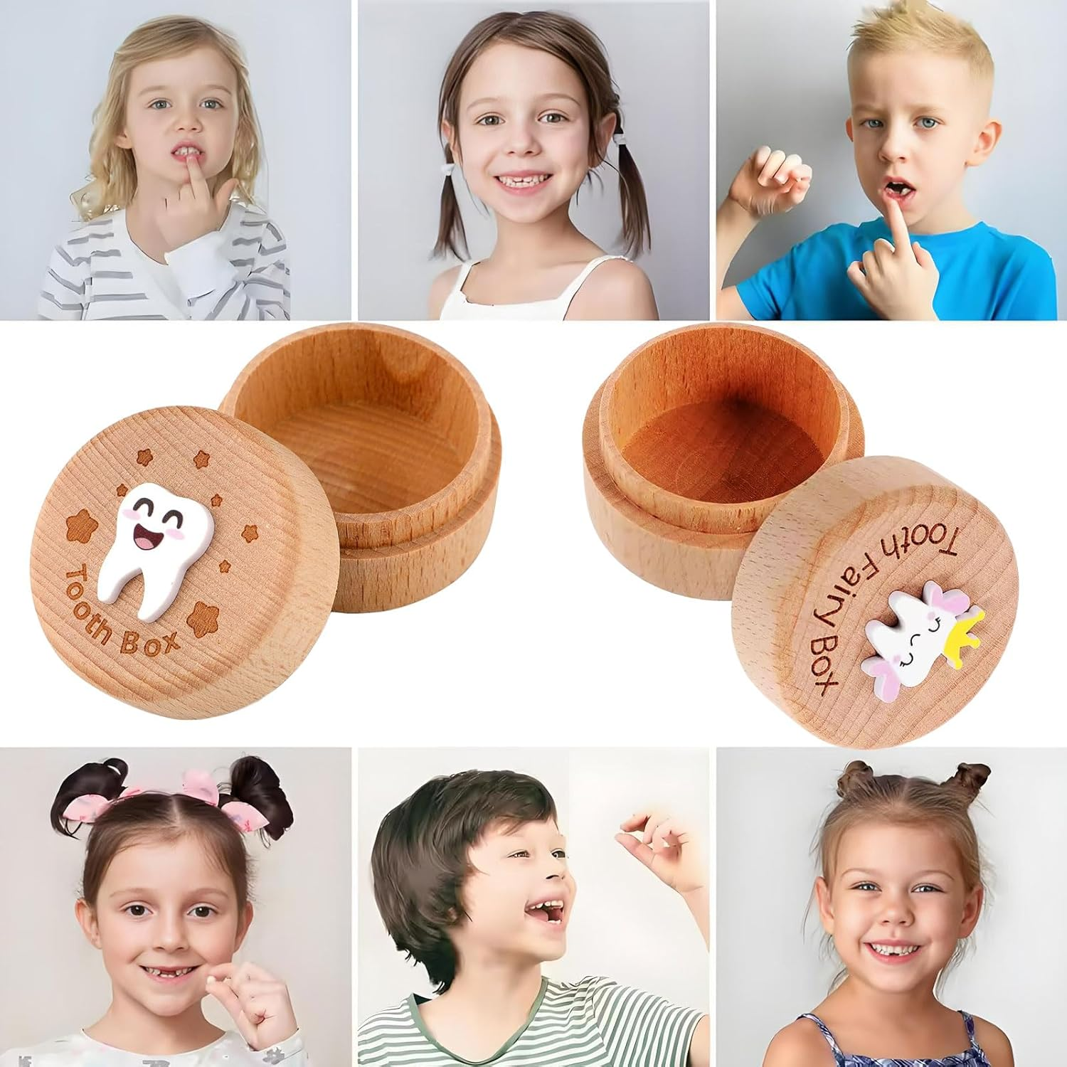 MYTOAU 2PCS Tooth Fairy Box, 3D Carved Wooden Holder Cute Tooth Keepsake Box Storage Baby Saver Container Box for Boys Girls Birthday Baby Shower Gifts image number 5