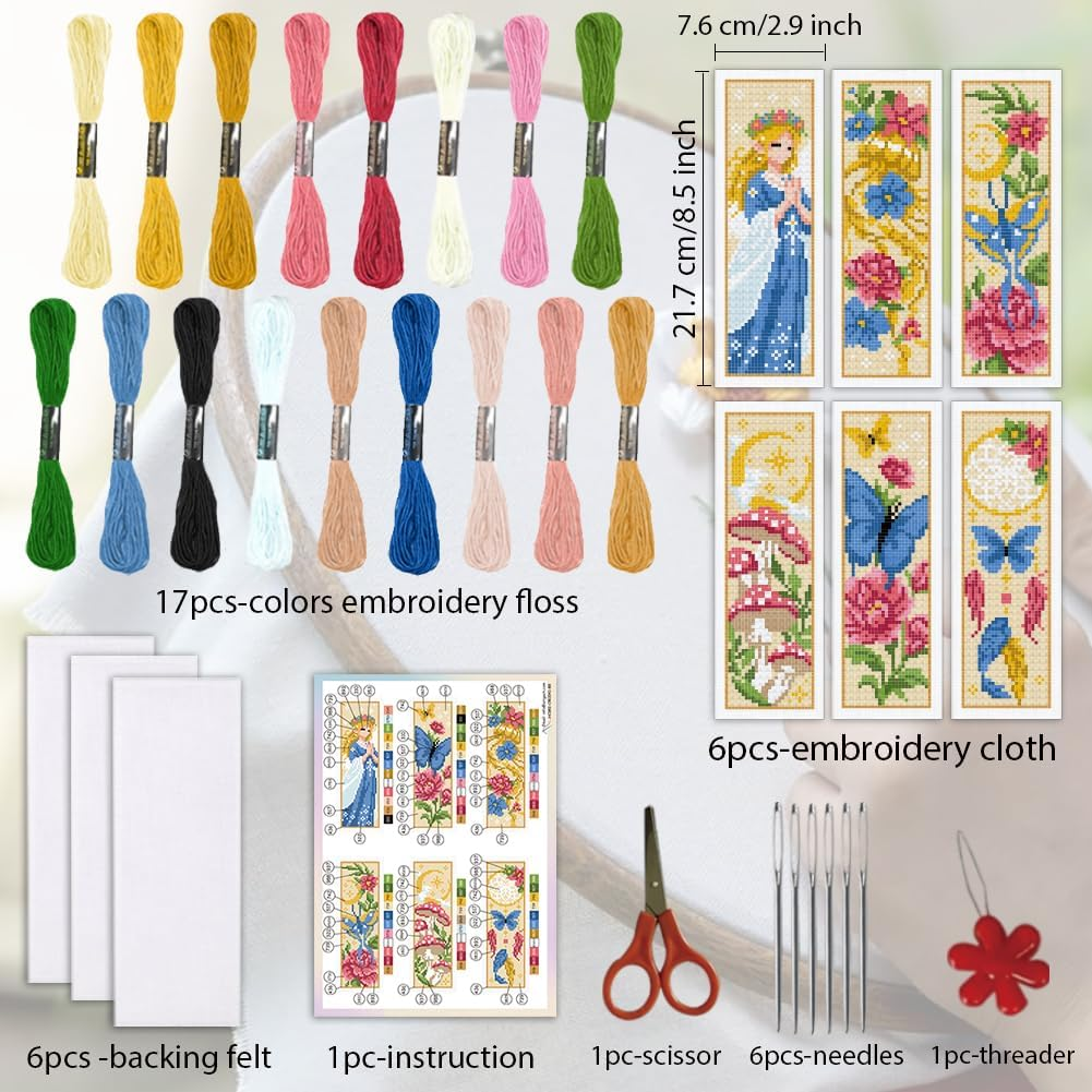 ORIGACH 6 Set Fantasy Angel Butterfly Cross Stitch Bookmark Kit for Beginner with Backing Felt Floss Instructions DIY Stamped Embroidery Bookmark Kit for Adults, Book Lovers image number 3